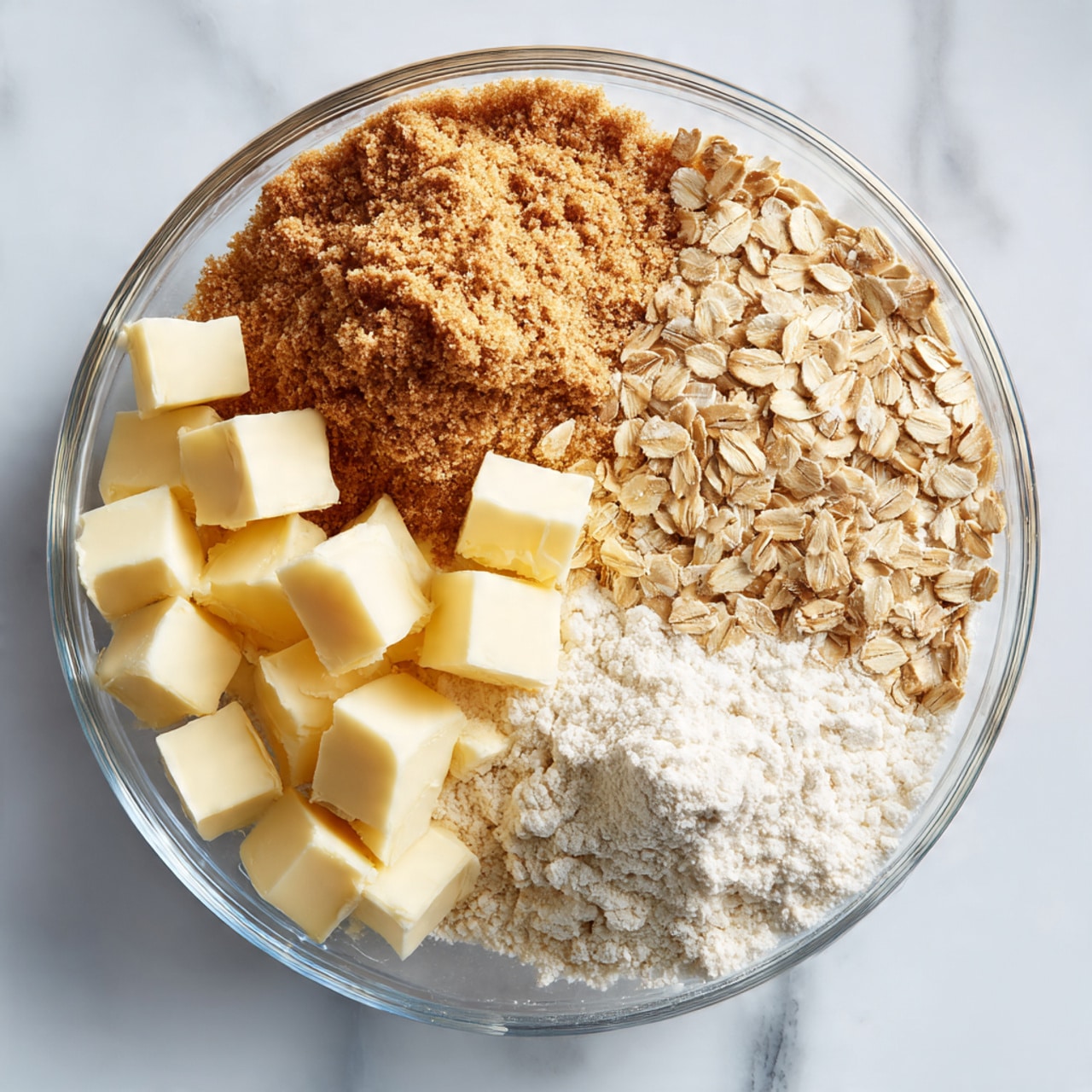 A clear glass bowl sits on a white marbled surface, filled with three main piles of dry ingredients: light brown sugar in a round mound at the top center, tan rolled oats to the lower left, and white flour to the lower right. Scattered across and around these ingredients are many small cubes of pale yellow butter, some resting on the oats, sugar, and flour while others are nearby on the clear bowl's surface. The textures of sugar are grainy, oats are flat and slightly rough, flour is powdery, and butter cubes are smooth. The photo taken with an iphone --ar 4:5 --v 7