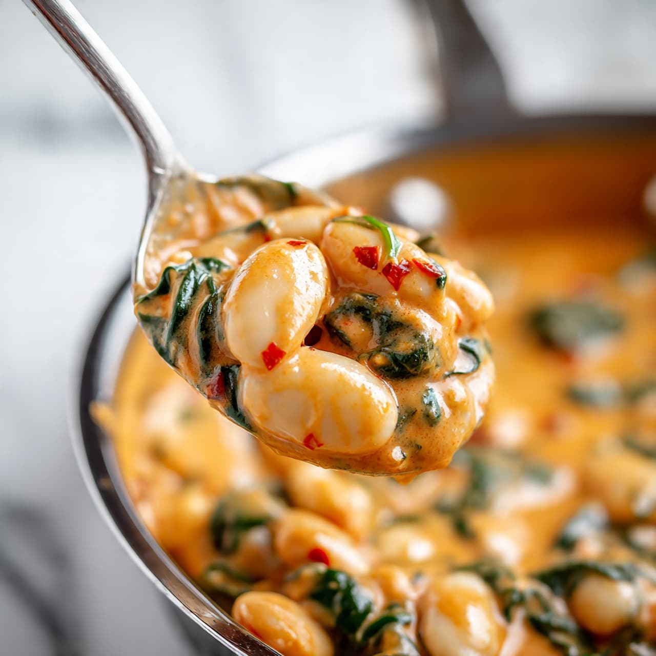 This image shows a thick, creamy orange sauce with large, soft white beans mixed in. There are wilted dark green spinach leaves spread throughout the dish, adding texture and color contrast. Small pieces of what looks like cooked red tomatoes or peppers are scattered around. A silver spoon is scooping up some beans and spinach from the creamy sauce. The background is a white marbled texture. photo taken with an iphone --ar 4:5 --v 7