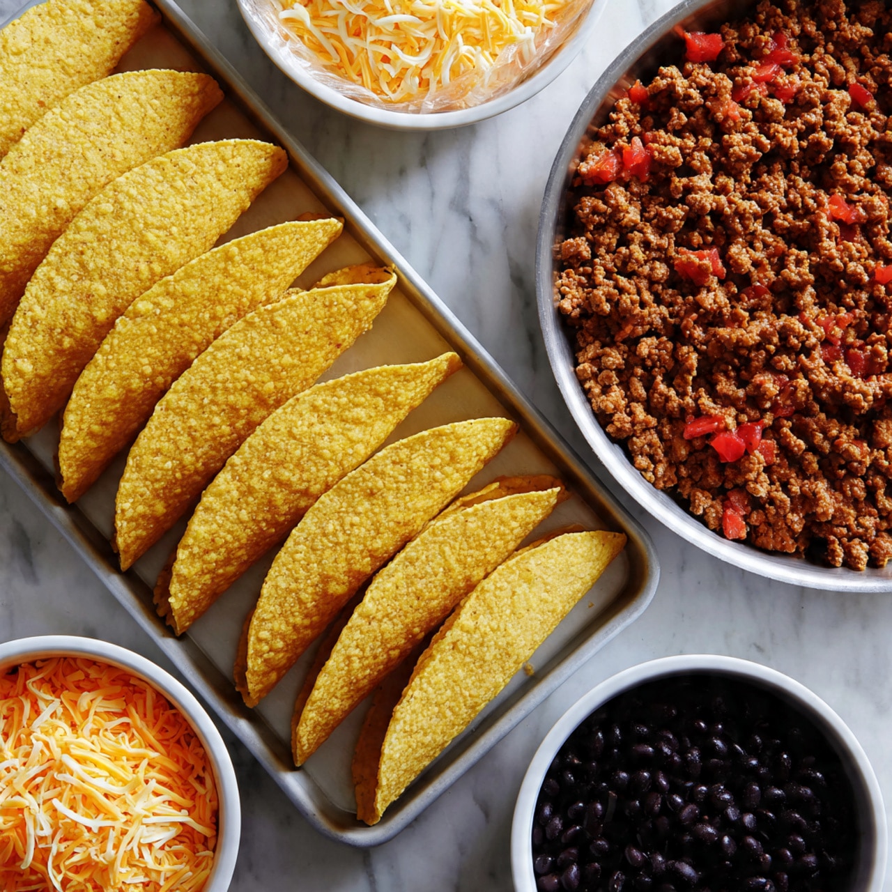 The image shows a full tray of empty yellow corn taco shells arranged side by side in two neat rows on a white tray with a dark rim. To the top right, there is a round pan filled with cooked ground beef mixed with small red tomato pieces, showing a crumbly texture. Below the beef, there is a white bowl filled with shredded cheese in light yellow and orange colors. Below the tray of taco shells, there is another white bowl filled with shiny black beans. The background is a white marbled texture, and part of a yellow shredded cheese bag is visible at the top left corner. photo taken with an iphone --ar 4:5 --v 7
