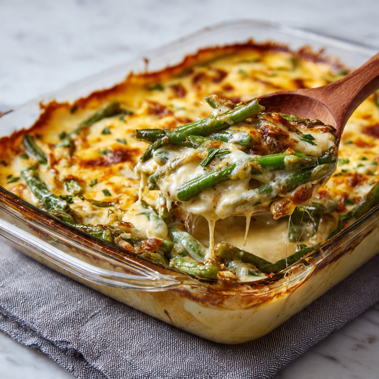 A glass baking dish with a thick golden-brown cheesy top layer showing melted cheese with scattered green herbs, beneath it a creamy yellow sauce with visible green beans, soft yellow layers blending into each other under the crispy edge. A wooden spoon lifts a scoop from the dish, revealing the mixed creamy inside with green beans, slightly lumpy in texture. The baking dish sits on a gray cloth over a white marbled surface. Photo taken with an iphone --ar 4:5 --v 7