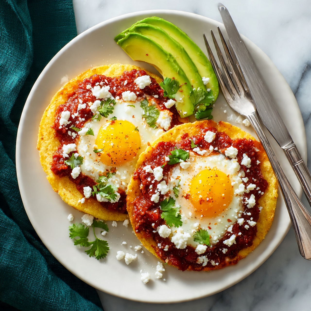 A white plate holds two tostadas, each with three layers: a crispy toasted yellow corn tortilla on the bottom, a thick layer of chunky red salsa spread unevenly above it, and a fried egg with a bright yellow runny yolk and white edges on top. Each tostada is garnished with three slices of fresh green avocado positioned at the top left corner, crumbled white cheese scattered over the salsa and egg, and small green cilantro leaves placed sparingly around the yolk and plate. A silver fork and knife sit above the tostadas on the plate, and a dark green cloth is partially visible to the left on a white marbled surface. Photo taken with an iphone --ar 4:5 --v 7