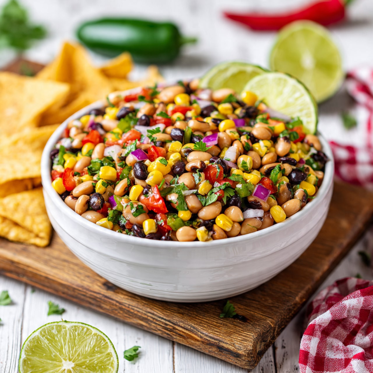 A white bowl filled with colorful layered bean salad sits on a white marbled surface. The salad has a mix of yellow corn, black beans, pale brown beans, chopped red onions, bright red bell peppers, green bell peppers, and fresh green herbs, all diced into small, even pieces, creating a vibrant, textured mixture. On one side of the bowl, a large light beige tortilla chip is placed sticking out from the salad. Next to the bowl, there is a slice of lime partially visible, adding a fresh green accent. In the background, a white bowl with more tortilla chips and a plant with green leaves can be seen softly blurred. Photo taken with an iphone --ar 4:5 --v 7