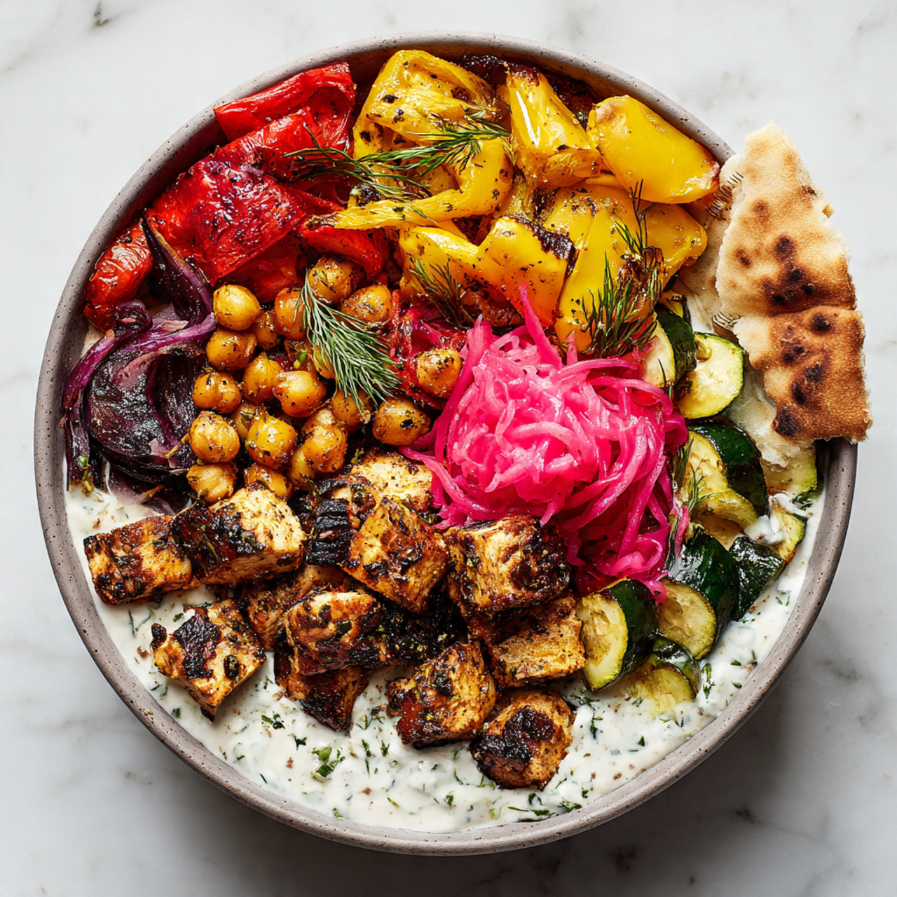 A bowl filled with layers starting from a creamy white yogurt sauce at the base speckled with chopped herbs, topped with chunks of grilled golden-brown chicken pieces with charred marks, roasted chickpeas scattered around, bright yellow grilled bell peppers, charred red tomato pieces, and vibrant green zucchini slices. There are also pieces of roasted purple onion, some fresh dill sprigs on top, and a small pile of thin, bright pink pickled onions near the center. On the edge of the bowl, pieces of torn pita bread rest against the side. The bowl sits on a white marbled surface. Photo taken with an iphone --ar 4:5 --v 7