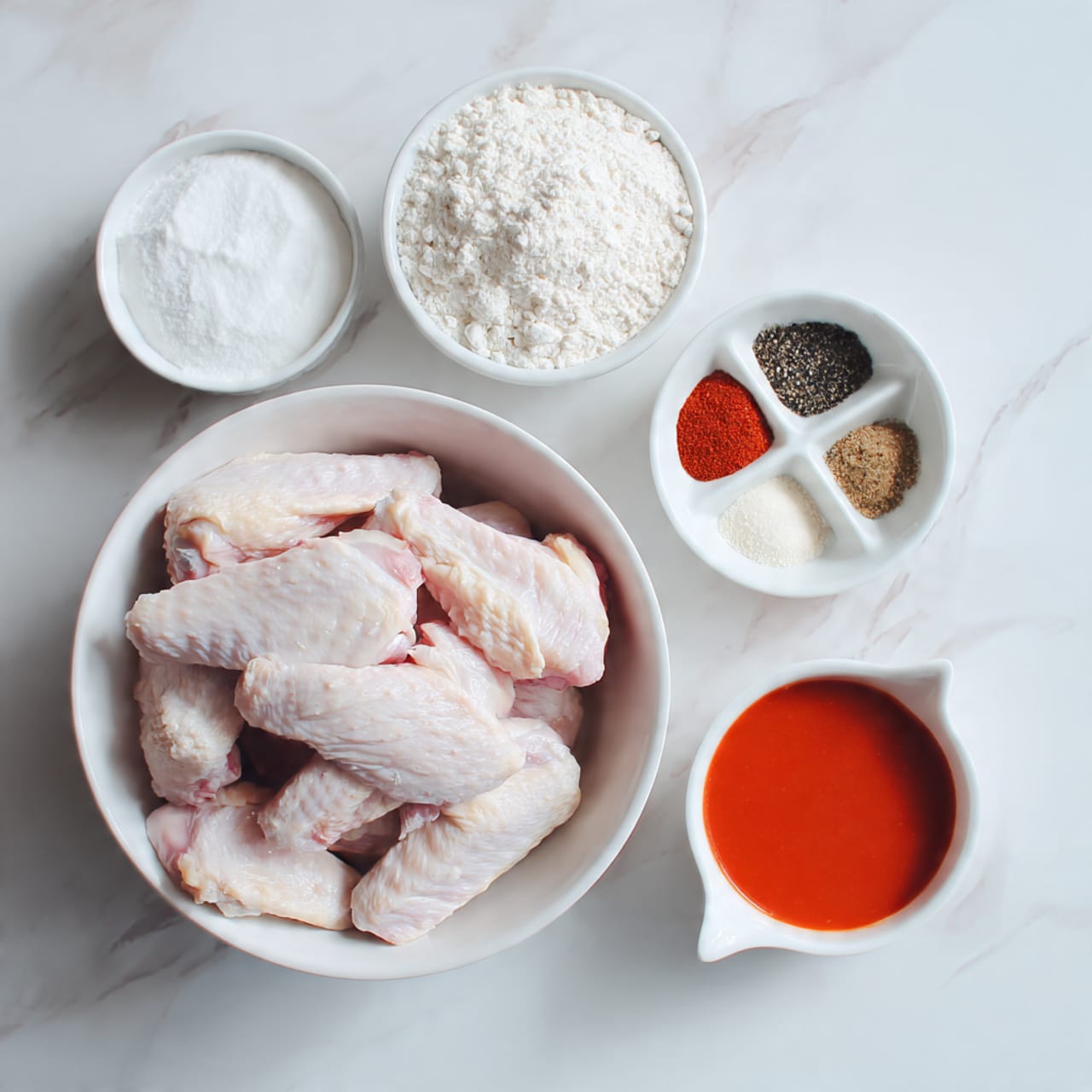 The image shows four white bowls on a white marbled surface. The largest bowl at the bottom is full of pale chicken drummettes, showing light pink and cream skin textures. To the upper right, there is a small white bowl with bright red buffalo sauce, smooth and glossy. Above it, there is a medium white bowl with five different spices arranged in a circle, each with a different color: red, white, black, beige, and light brown. To the left, a small white bowl holds pure white potato starch with a powdery texture. The bowls are spaced evenly and neatly. Photo taken with an iphone --ar 4:5 --v 7