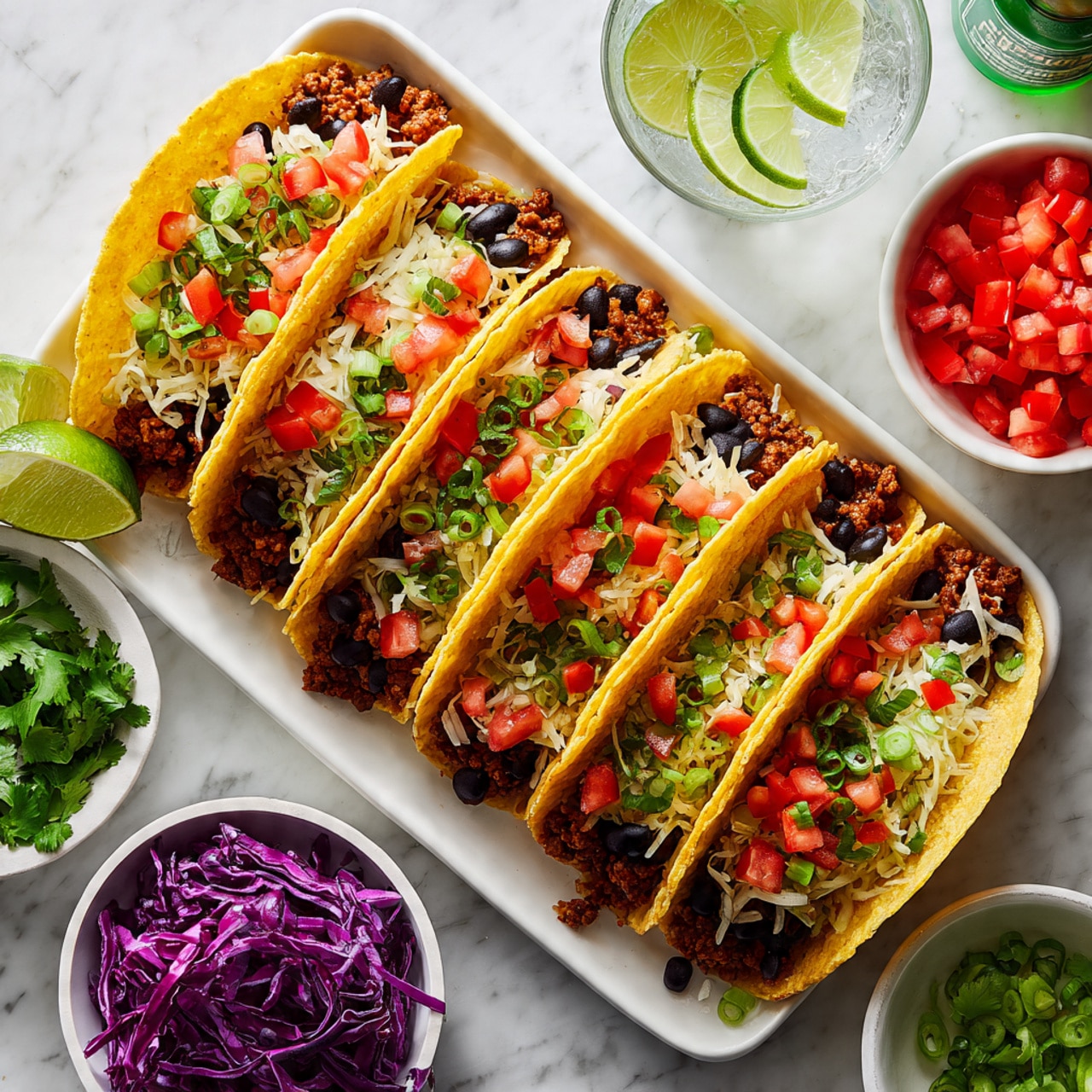 The image shows a white plate with four yellow taco shells standing upright, each filled with three layers: the bottom layer is melted cheese that looks soft and creamy, the middle layer has browned ground meat mixed with black beans, and the top layer is fresh diced red tomatoes and chopped green onions. On the side of the plate, there is a small white ramekin filled with chunky red salsa, and next to it are some lime wedges and fresh green cilantro. In the background, a glass with lime water, a bottle with green sauce, and a bowl with sliced green onions can be seen, all placed on a surface with white marbled texture. Photo taken with an iphone --ar 4:5 --v 7