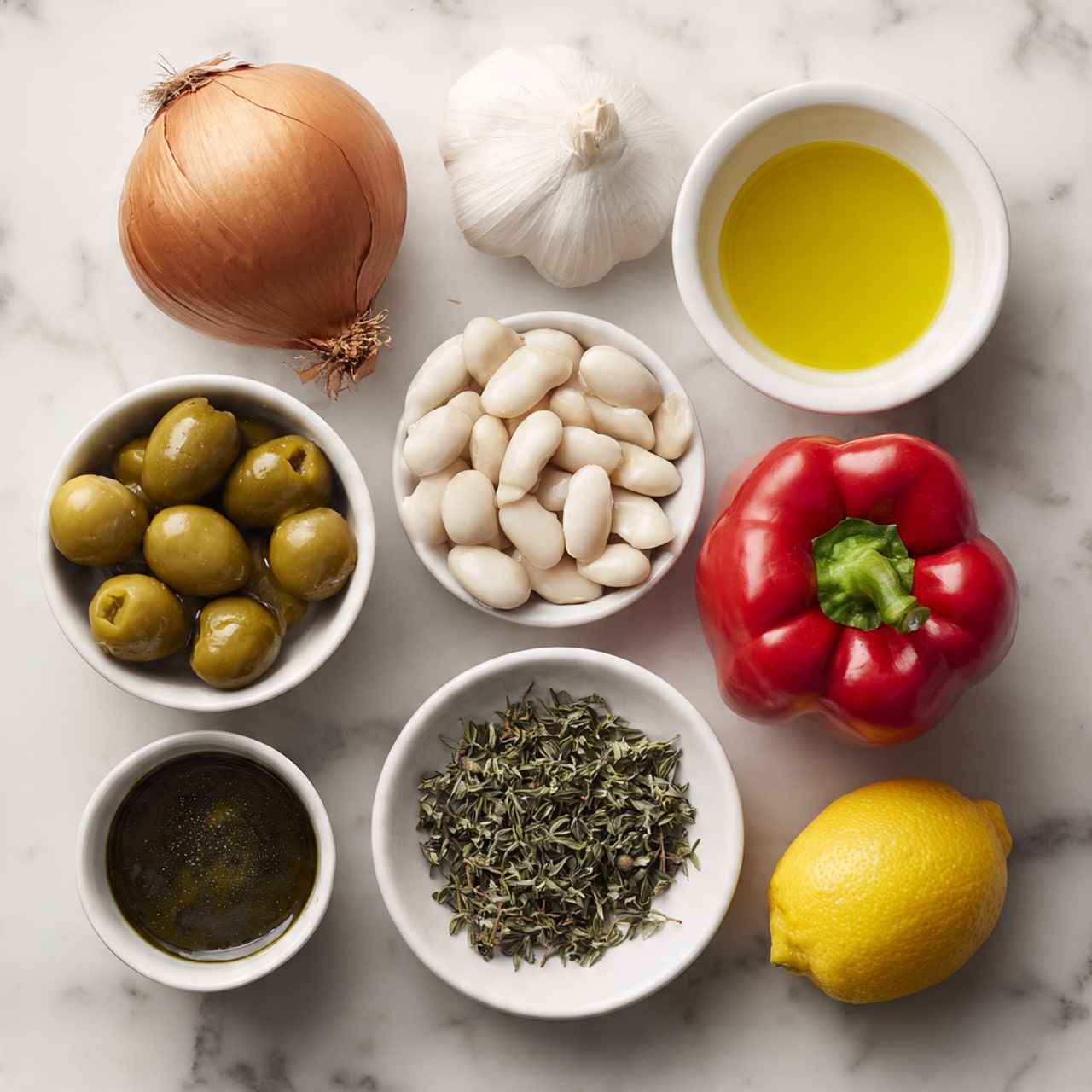 The image shows a top view of several small white bowls and whole ingredients arranged on a white marbled surface. There is a whole brown onion with a dry stem at the top left, a white garlic bulb next to it, and a small white bowl filled with yellow olive oil to the right. Below the onion is an empty white bowl of water, and next to it is a white bowl filled with dark green vegetable stock. At the bottom left, a white bowl holds many green olives, while to the right is a white bowl filled with white beans. Below these bowls, a white small plate holds dried thyme and parsley. Next to this plate is a whole bright red bell pepper, and to the far right, a whole yellow lemon completes the scene. The objects are clean and bright, arranged neatly with labels above or below each item photo taken with an iphone --ar 4:5 --v 7
