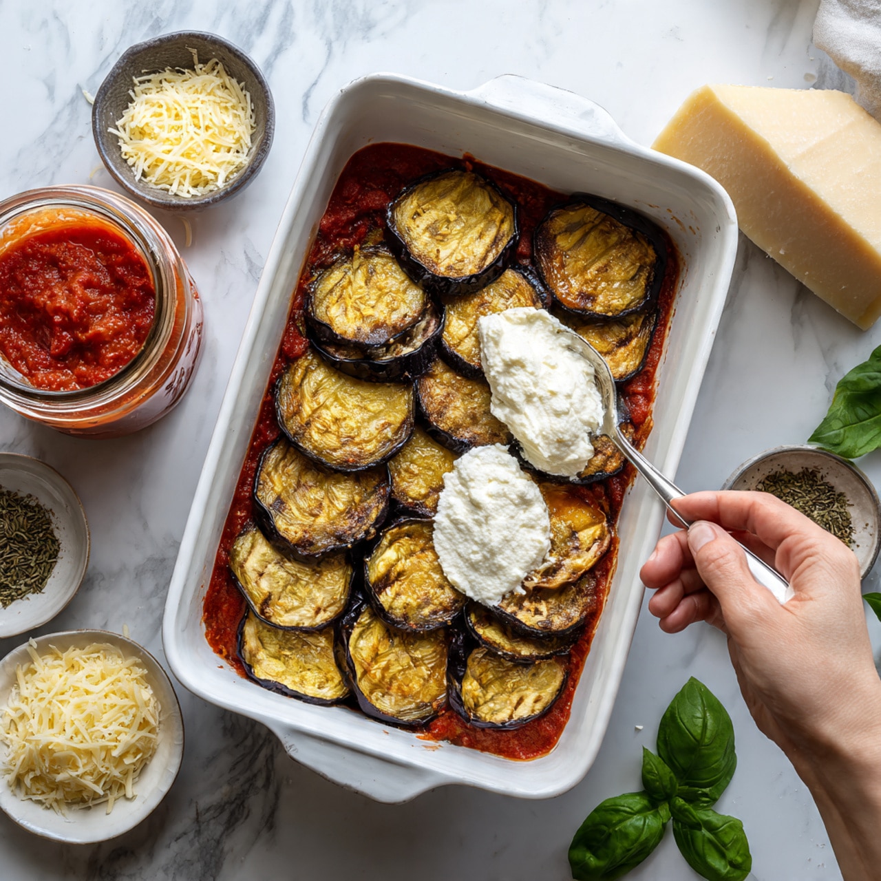 A white rectangular baking dish holds a bottom layer of red tomato sauce, covered with a single layer of grilled eggplant slices that are light yellow with brown grill marks and dark purple edges. A woman's hand is spreading a white creamy ricotta layer unevenly on top of the eggplants with a spoon. Around the dish, fresh green basil leaves, a clear glass jar of vibrant red sauce with a spoon inside, a triangular block of hard pale yellow cheese, and small dishes of shredded cheese and dried herbs sit on a white marbled surface. photo taken with an iphone --ar 4:5 --v 7