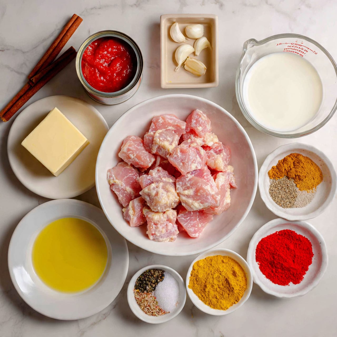This image shows a white bowl filled with raw, pink, chunked chicken pieces at the bottom center. Above it, there is a small white plate with two thick slices of light yellow butter on the left. To the left of the bowl, there is an opened can with bright red tomato paste inside. Above that, a glass measuring cup with creamy white liquid is placed. At the top left, there is a small rectangular beige dish with a cinnamon stick resting in it. Near the top center, a small rectangular beige dish holds finely chopped garlic. To the right, a white round bowl contains pale yellow lemon juice. Below the lemon juice is a round small dish with light yellow ginger paste. To its right, a small grayish round bowl holds salt and crushed black pepper. Below that, a small white dish contains three bright spices like red and orange powders. Centered above the chicken bowl is a white round plate layered with different ground spices in red, brown, yellow, and beige shades. To the right of the spice plate is a small white bowl with golden-yellow oil. On the bottom right, a small white dish displays a deep red tomato paste. All items are placed on a textured surface changed to white marble texture. Photo taken with an iphone --ar 4:5 --v 7