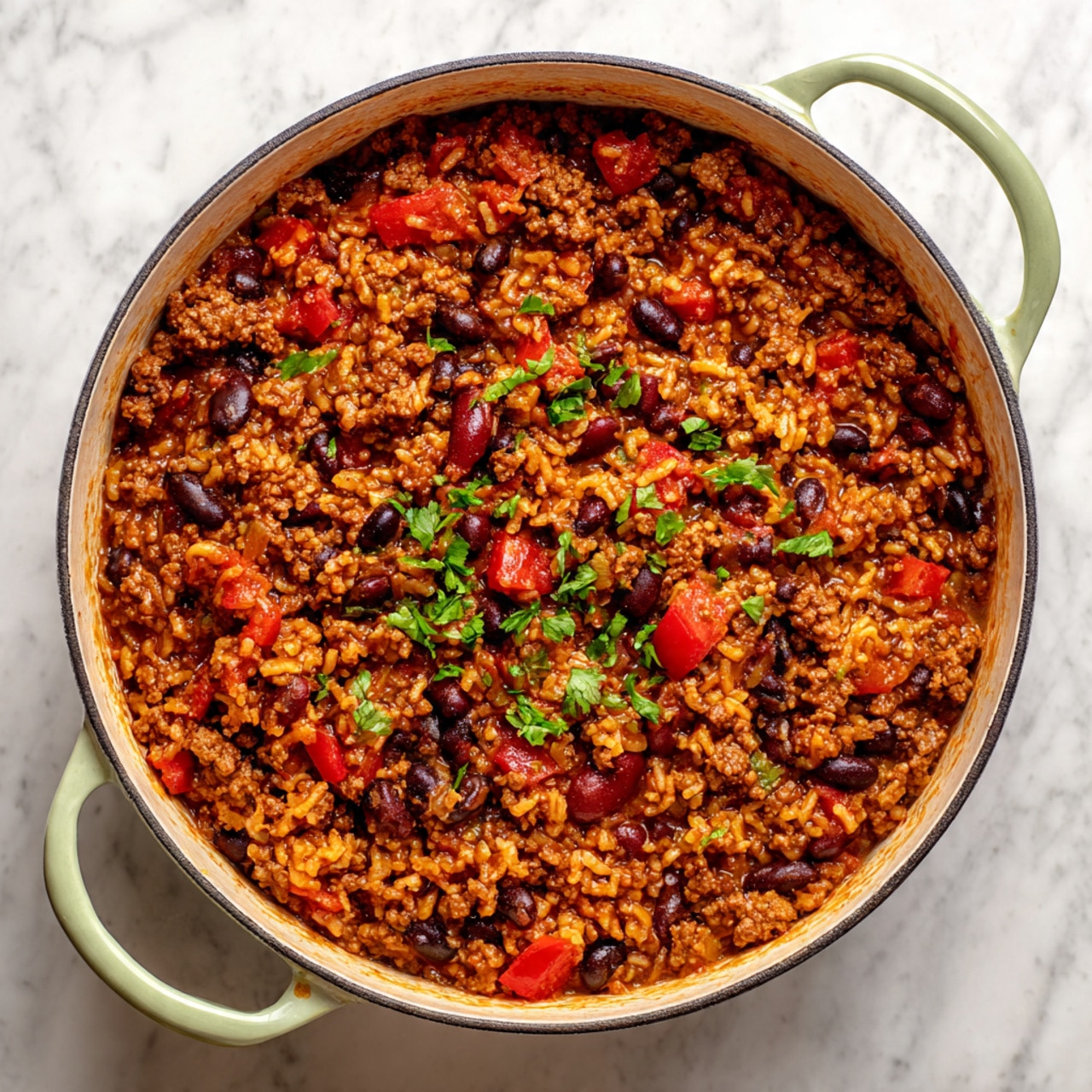 A large round white pot with light green handles holds a thick, cooked mixture of rice, black beans, ground meat, and small chunks of red tomatoes that cover the whole surface in a warm brown sauce. The rice grains are soft and slightly shiny, blending with small dark beans and bits of cooked meat throughout. The dish is placed on a white marbled surface. Photo taken with an iphone --ar 4:5 --v 7