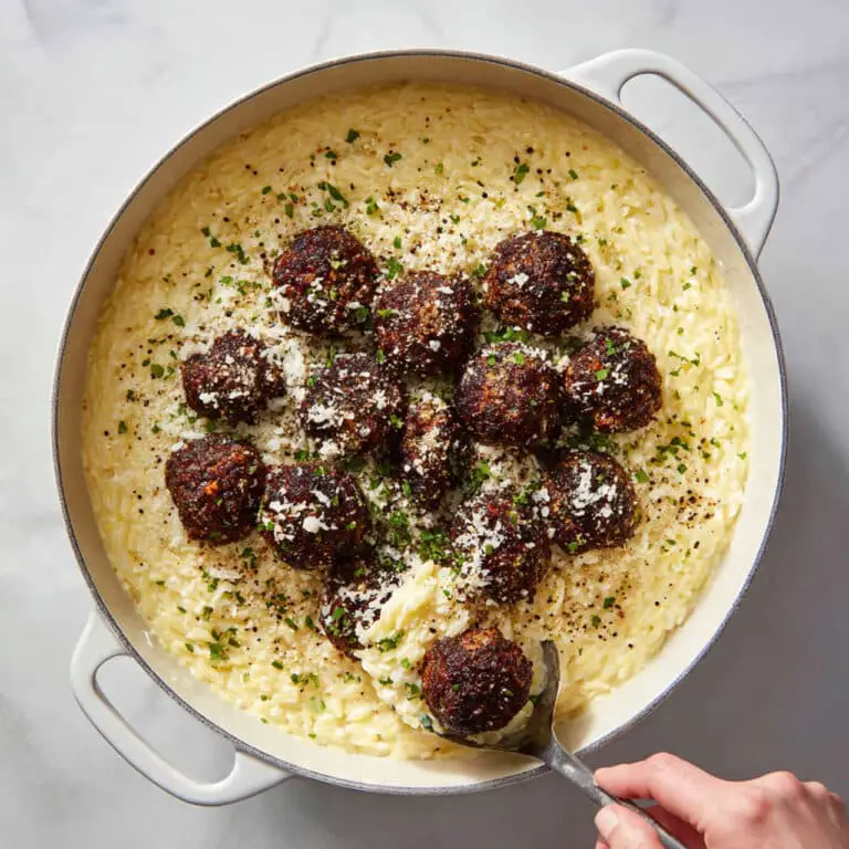French Onion Meatballs with Cheesy Orzo Recipe