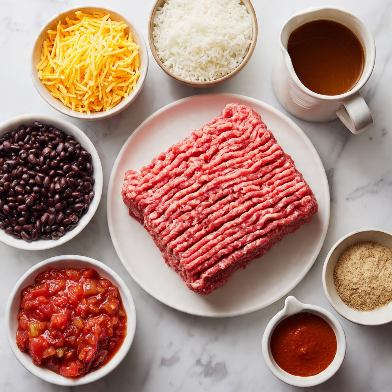A white round plate holds a rectangular block of pink ground beef with clear ridges. Surrounding it on a white marbled surface are white bowls and a white mug with different ingredients: a bowl of yellow shredded cheese, a bowl of black shiny beans, a bowl of white uncooked rice, a bowl of light brown taco seasoning, a bowl of bright red Rotel tomatoes with bits of yellow, a small white pitcher of dark brown broth, and a small white pitcher of smooth reddish enchilada sauce. The colors vary from deep reds and browns to bright yellows and blacks, all arranged neatly. Photo taken with an iphone --ar 4:5 --v 7