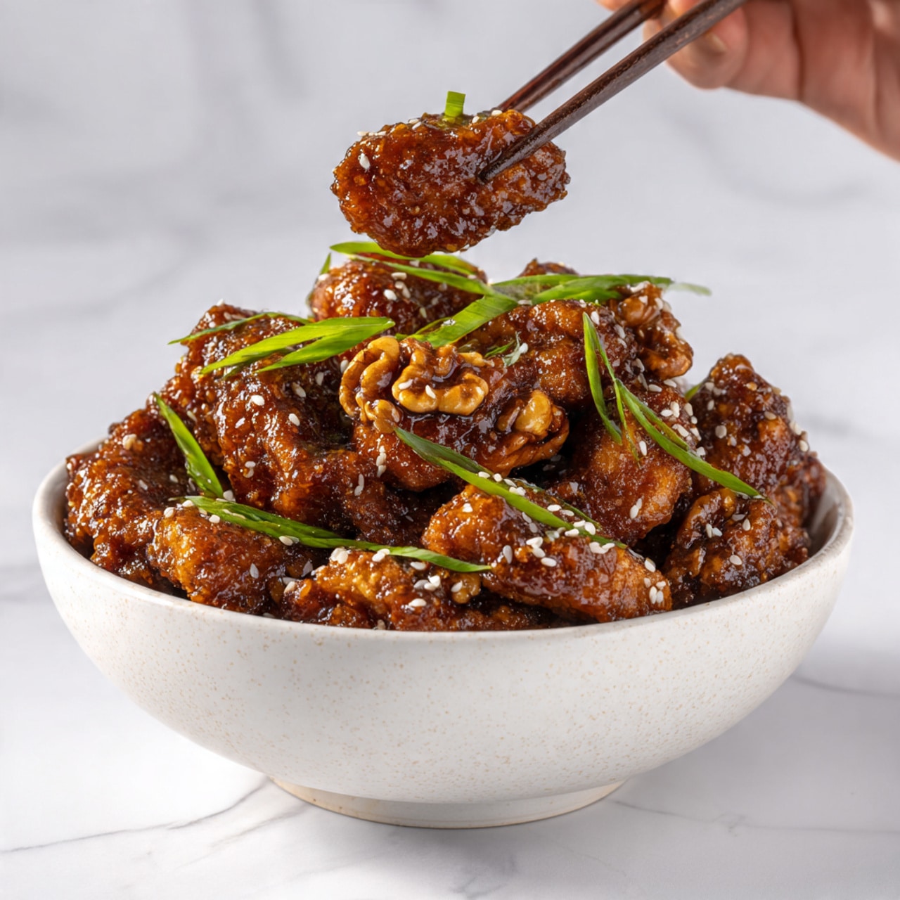 A white bowl filled with many small, golden brown pieces of chicken coated in a shiny, sticky sauce. On top of and mixed in with the chicken are light brown walnut halves, white sesame seeds sprinkled all over, and small pieces of chopped green onion. A woman's hand holding two dark brown chopsticks is picking up one piece of chicken near the center. The background shows a white marbled texture. photo taken with an iphone --ar 4:5 --v 7