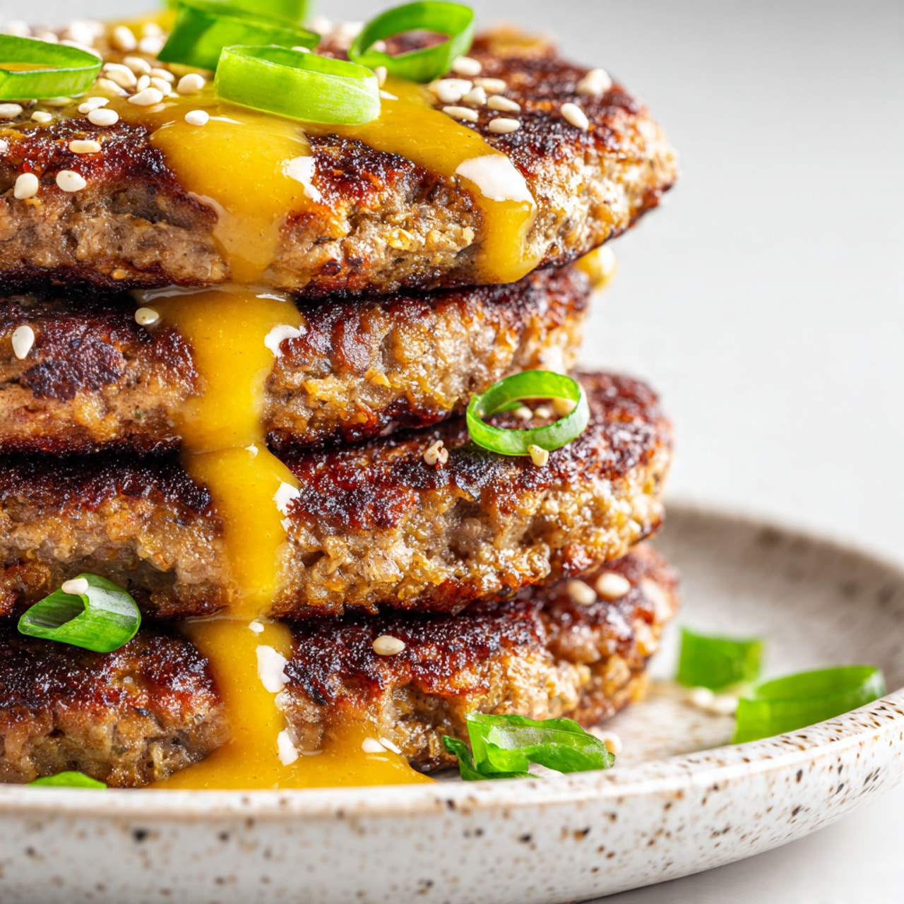 A close-up image of five round, brown patties with a golden crust, stacked slightly atop one another on a white plate with a speckled edge. The top patty has light orange sauce dripping down its side and small green onion slices and white sesame seeds sprinkled on top of several patties. The plate rests on a white marbled surface, and the focus is sharp on the patties’ texture and sauce with a soft background. photo taken with an iphone --ar 4:5 --v 7