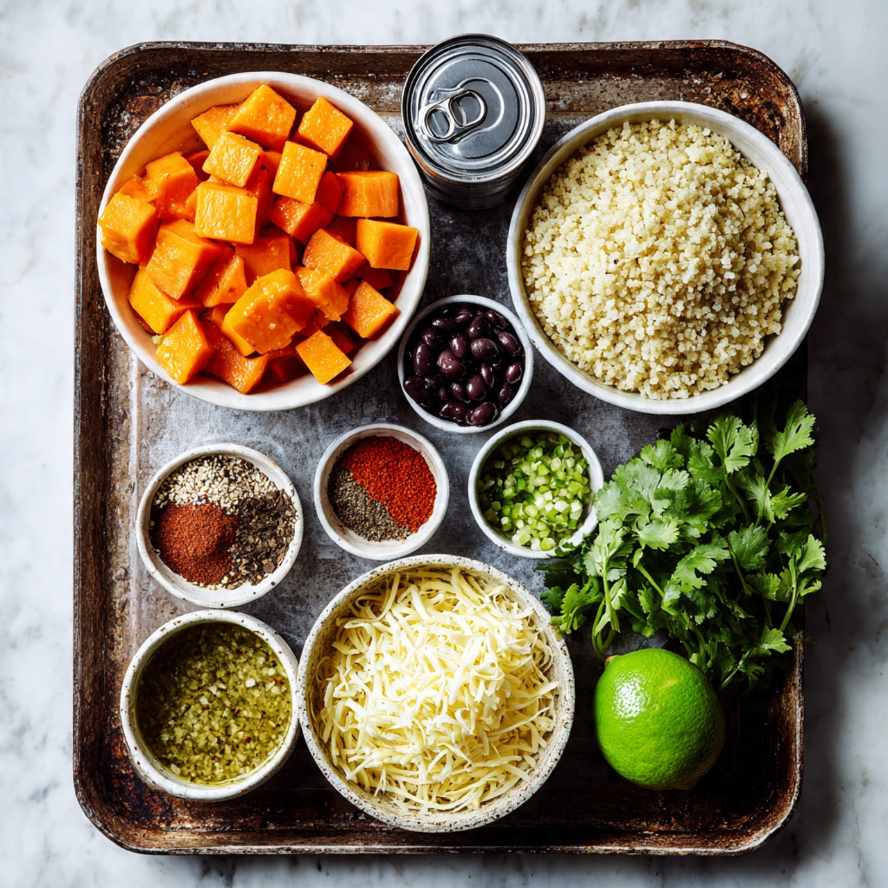 A rusty metal tray holds an arrangement of ingredients on a white marbled surface. At the top left, there is a white bowl filled with orange cubed sweet potatoes. To its right, another white bowl contains cooked light brown rice. Below these, a can of black beans leans slightly to the left next to a smaller can of diced green chiles in the center. To the right, a small white bowl holds five spices in separate piles, showing red, green, white, and brown colors. Below, a white bowl is filled with shredded yellow and white cheese. At the bottom right corner, a whole green lime sits next to a bunch of fresh green cilantro on the tray. Near the bottom left, a white bowl contains a greenish sauce with seeds visible. The photo taken with an iphone --ar 4:5 --v 7