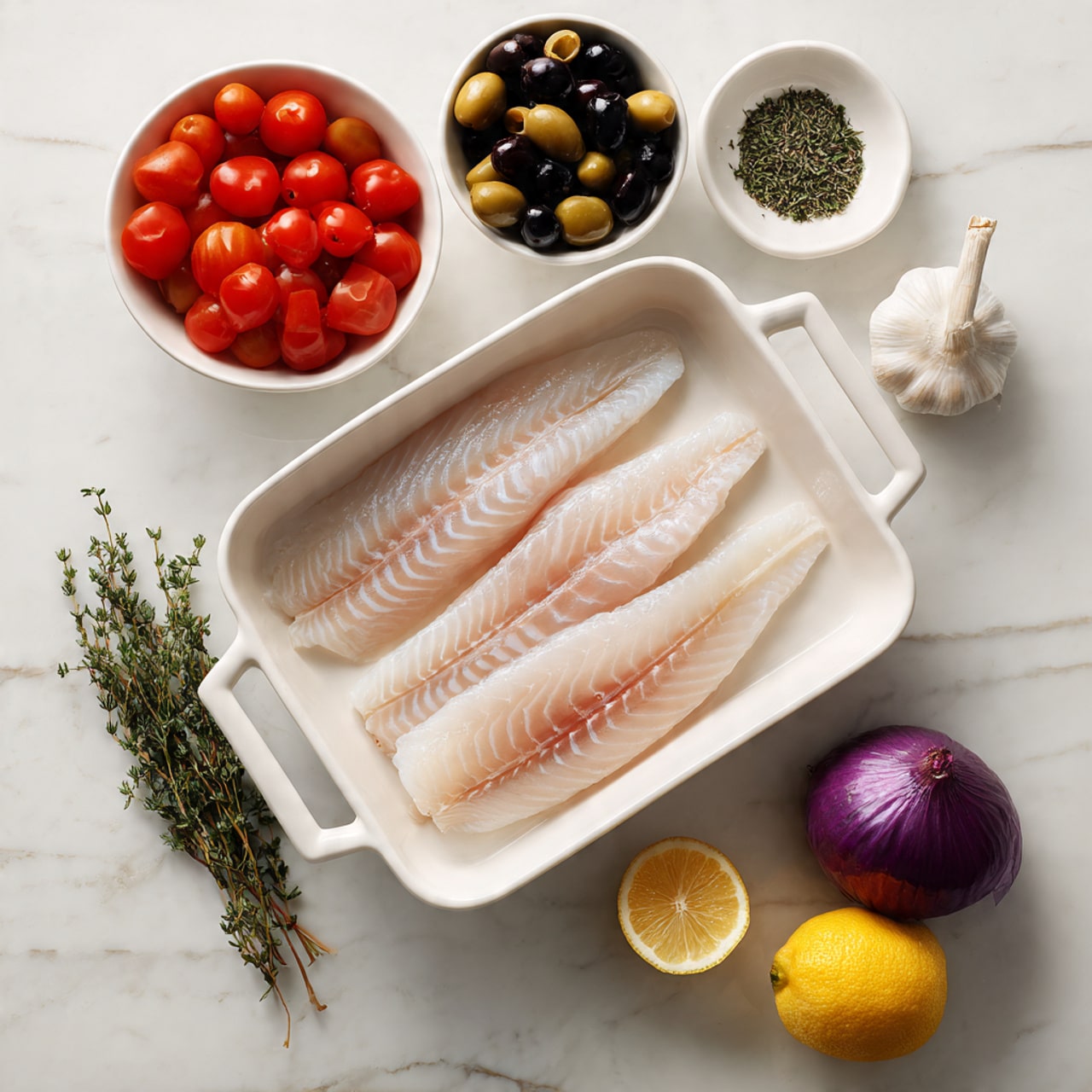A raw white fish fillet sits in the middle of a white rectangular baking dish with handles, showing its pale pink and white smooth texture and faint lines. To the left, a white bowl holds bright red halved cherry tomatoes, while below it, another white bowl contains mixed black and green olives, showing their shiny, smooth skins. Fresh green sprigs of thyme and a bulb of garlic are placed nearby. On the right side, a small white bowl with dried green herbs, a whole yellow lemon, and a half of purple onion with clear layers are arranged on a bright white marbled surface. Photo taken with an iphone --ar 4:5 --v 7