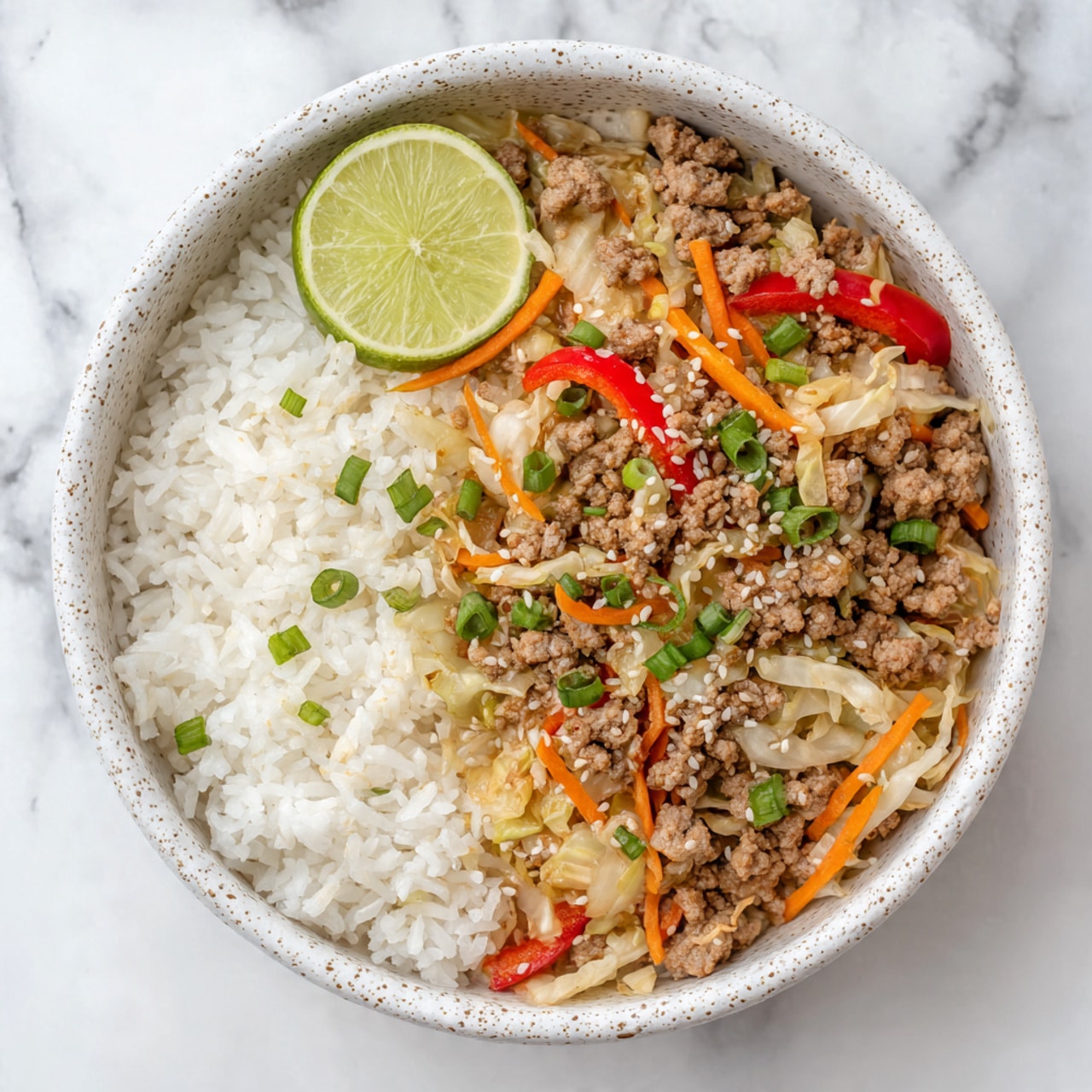 The dish is served in a white speckled bowl on a white marbled surface. On the left side of the bowl, there is a layer of fluffy white rice. On the right side, there is a mix of cooked ground meat and sautéed vegetables including thinly sliced pale cabbage, bright orange carrot strips, and red bell pepper pieces. The mixture is garnished with small green onion pieces and sprinkled with white sesame seeds. A lime wedge with a bright green color is placed on top of the rice near the meat and vegetable mix. Photo taken with an iphone --ar 4:5 --v 7