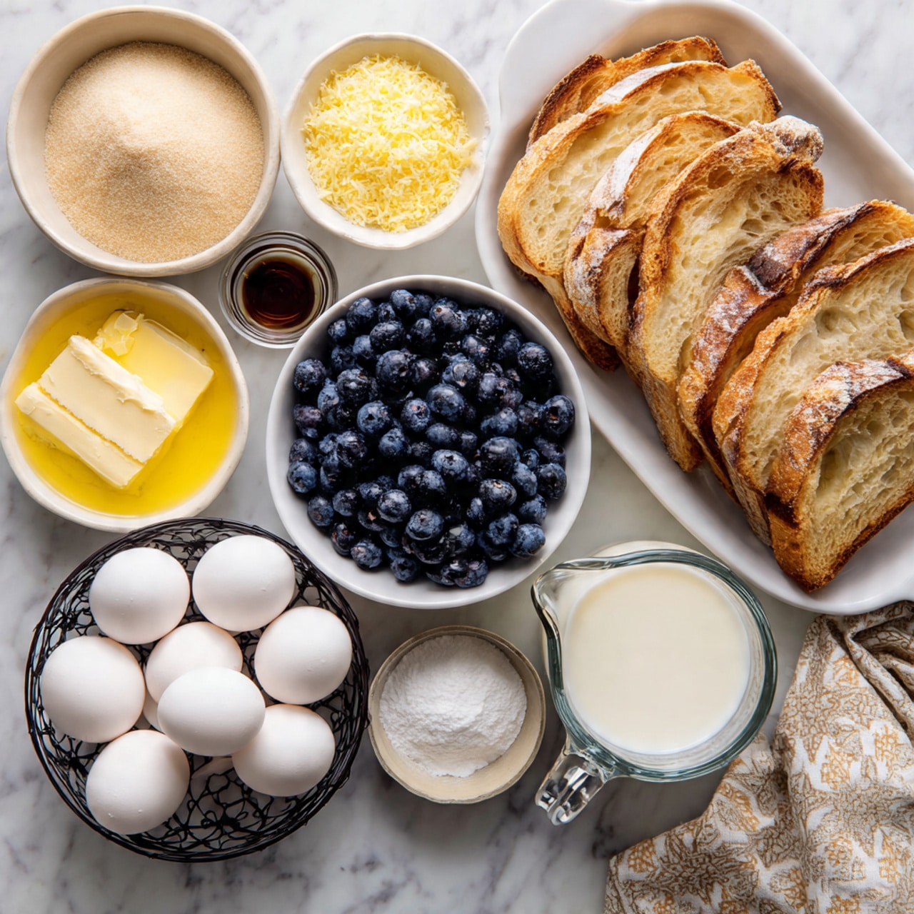 The image shows various ingredients arranged on a white marbled surface. On the top right, there is a white tray with several slices of golden brown bread stacked slightly overlapping. Below the bread, there is a white bowl filled with dark blue, plump blueberries. To the left of that, a white bowl holds light brown, coarse sugar. Above it, a small silver bowl contains bright yellow grated zest. On the top left, a white bowl has melted yellow butter. Near the bottom left, a black wire basket holds several white eggs stacked on top of each other. To the bottom right, there is a glass measuring cup filled with white milk, and beside it, a small silver bowl filled with salt and another with dark brown vanilla extract. A beige patterned cloth is partially visible on the lower left corner. photo taken with an iphone --ar 4:5 --v 7