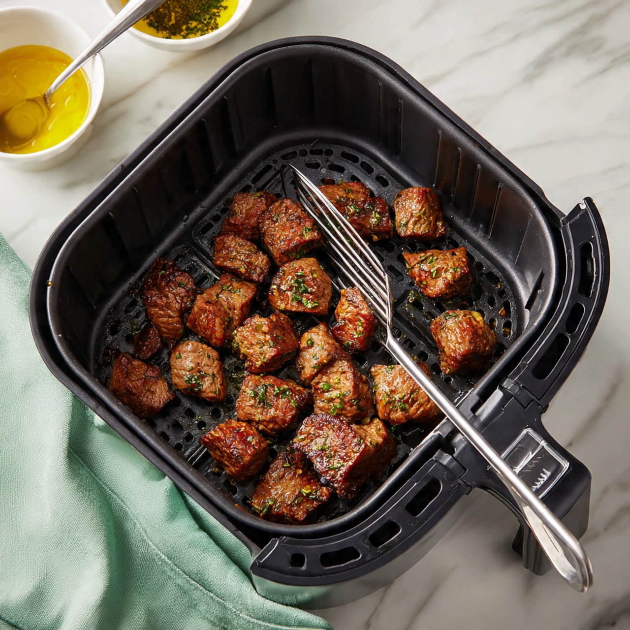 A black air fryer basket contains small brown pieces of cooked meat sprinkled with green herbs. The meat pieces have a slightly shiny texture from cooking oil or juices. A silver spatula with long handles is lifting a few pieces. Around the air fryer is a white marbled surface, with a white bowl holding a yellow sauce and a silver spoon nearby. A light green cloth is partly visible under the air fryer. Photo taken with an iphone --ar 4:5 --v 7