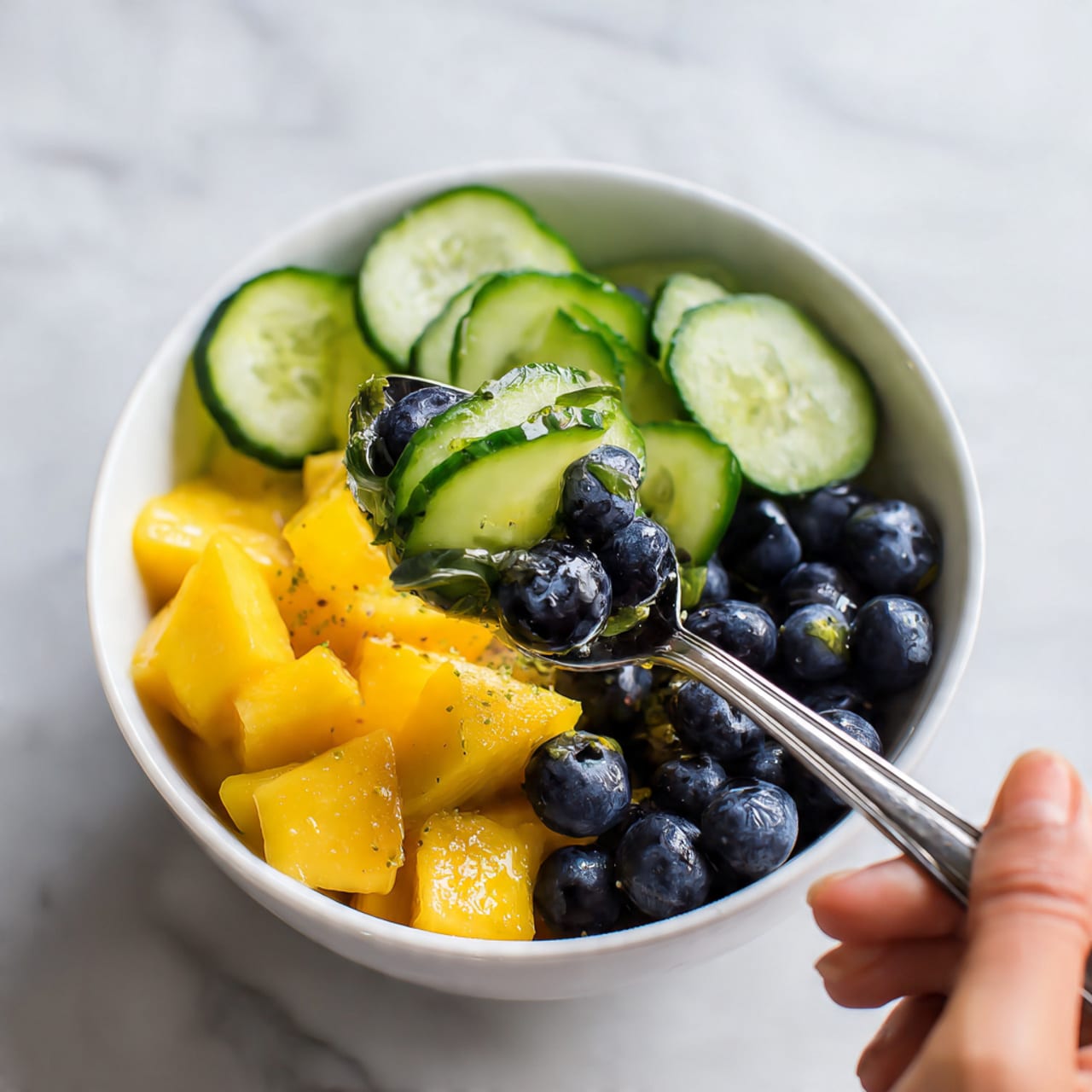 A white bowl filled with three main layers: the bottom layer is chunks of yellow mango with a soft texture, the middle layer has round, dark blue blueberries that are shiny, and the top layer features fresh green cucumber slices that are thin and slightly wet. A silver spoon holds a mix of all three layers, with a woman's hand gently holding the spoon. The scene is set on a white marbled surface with soft, natural light highlighting the bright colors of the fruit and cucumber photo taken with an iphone --ar 4:5 --v 7