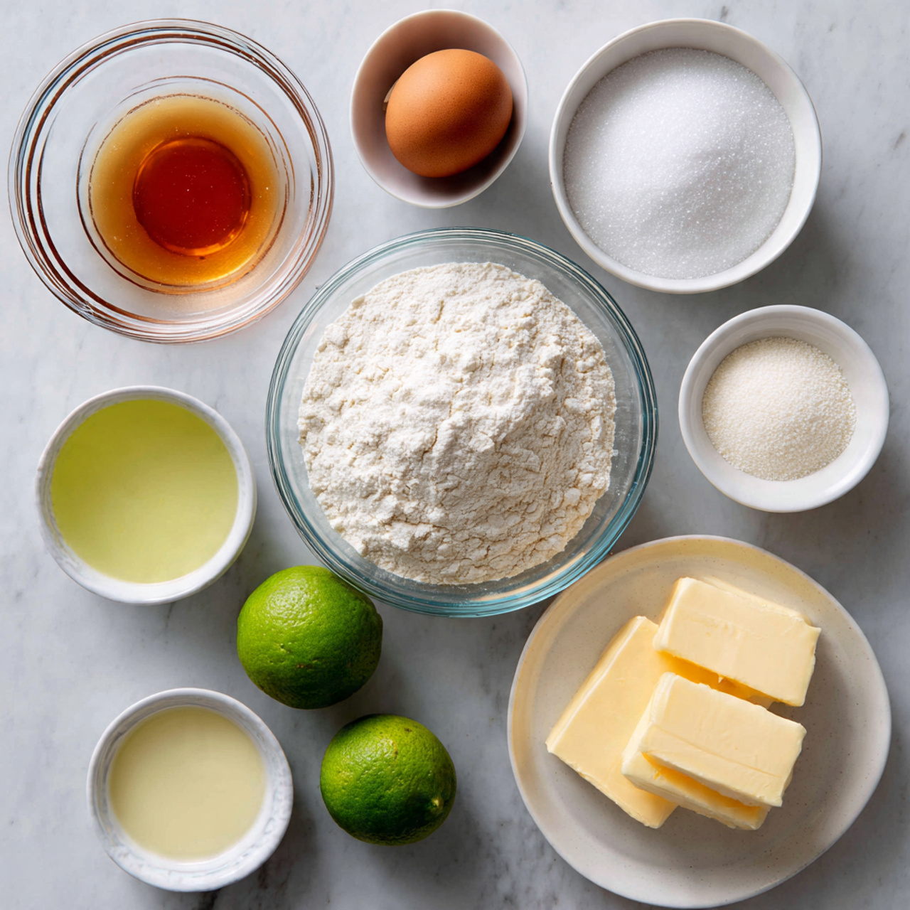 Key Lime Cookies with Tangy Lime Glaze Recipe 4 A collection of baking ingredients arranged on a white marbled surface: in the center is a clear glass bowl filled with white flour; above it slightly to the right is a single brown egg; above the flour slightly to the left is a small white bowl with amber vanilla liquid; to the right of the egg is a white bowl filled with white sugar crystals; further right is another white bowl with fine white powdered sugar; below the flour and to the right are two pale yellow blocks of butter on a white plate; below the butter is a whole green lime and half a lime showing the light green interior; to the left of the lime is a small white bowl with pale yellow lime juice; above the lime juice and to the left of the flour is a small white bowl with a light green salt; all items are neatly spaced and clearly labeled with bold black text; photo taken with an iphone --ar 4:5 --v 7