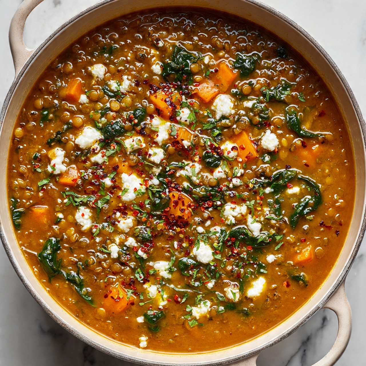 The image shows a large white enamel pot filled with thick soup that has a warm orange-brown base. Visible in the soup are small orange cubes, bright green spinach leaves, and tiny brown lentils. On the surface, there is a sprinkling of finely chopped fresh green herbs, some grated white cheese, and small red pepper flakes. The pot has a green handle, and it sits on a white marbled surface. The soup looks rich and hearty with a mix of textures from soft vegetables and tender lentils. photo taken with an iphone --ar 4:5 --v 7