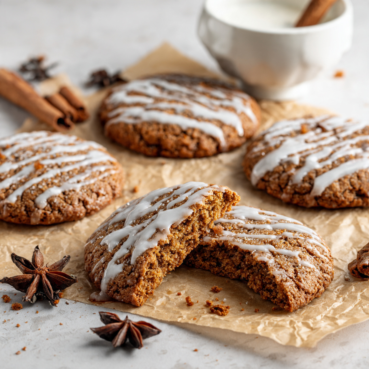 Chai Cookies Recipe 5 The image shows several round brown cookies with a cracked surface and white icing drizzled on top. One cookie in the foreground has a bite taken out of it, displaying a slightly soft texture inside. The cookies rest on crinkled light brown parchment paper scattered with small cookie crumbs. There are two dark brown star anise spices placed nearby for decoration. A small white bowl partly visible at the edge contains milk. The whole scene is set on a white marbled texture surface photo taken with an iphone --ar 4:5 --v 7