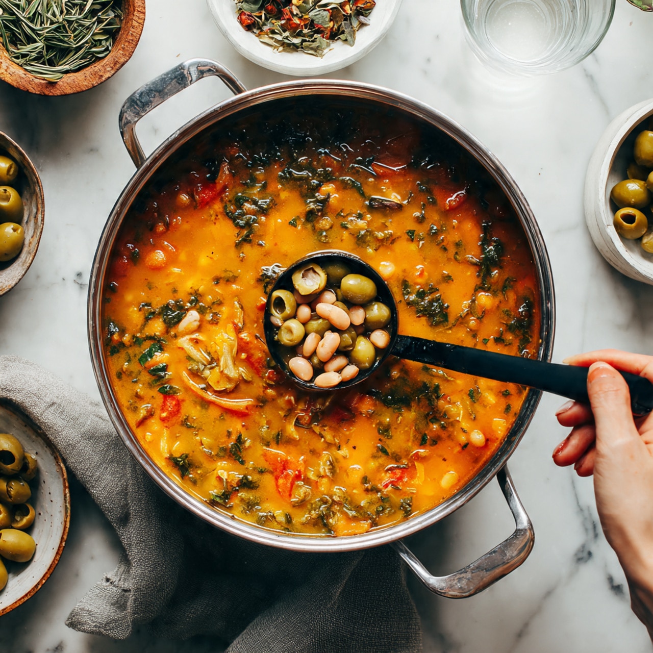 A large shiny silver pot filled with thick orange-yellow soup with visible bits of herbs and small chunks of vegetables and beans. A black ladle is held above the pot by a woman's hand, scooping a portion of the soup that includes round green olive slices and white beans mixed in the textured soup. The pot rests on a soft gray cloth on a white marbled surface. In the background, there are blurred white bowls of ingredients, including green sauce and olives. Photo taken with an iphone --ar 4:5 --v 7