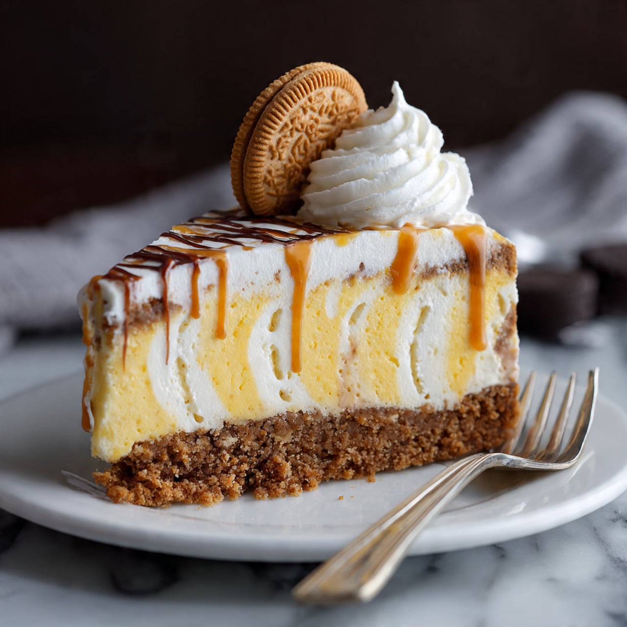 A close-up of a slice of layered cake on a white plate with a white marbled surface beneath. The bottom layer is a crumbly, light brown crust. Above that is a thick, creamy yellow layer with swirls of caramel. The next layer is a lighter, fluffy yellow cream. On top is a generous, soft white whipped cream layer drizzled with caramel sauce. A small round cookie is placed sticking out from the whipped cream. The background is dark and blurred, with a fork resting near the plate. Photo taken with an iphone --ar 4:5 --v 7