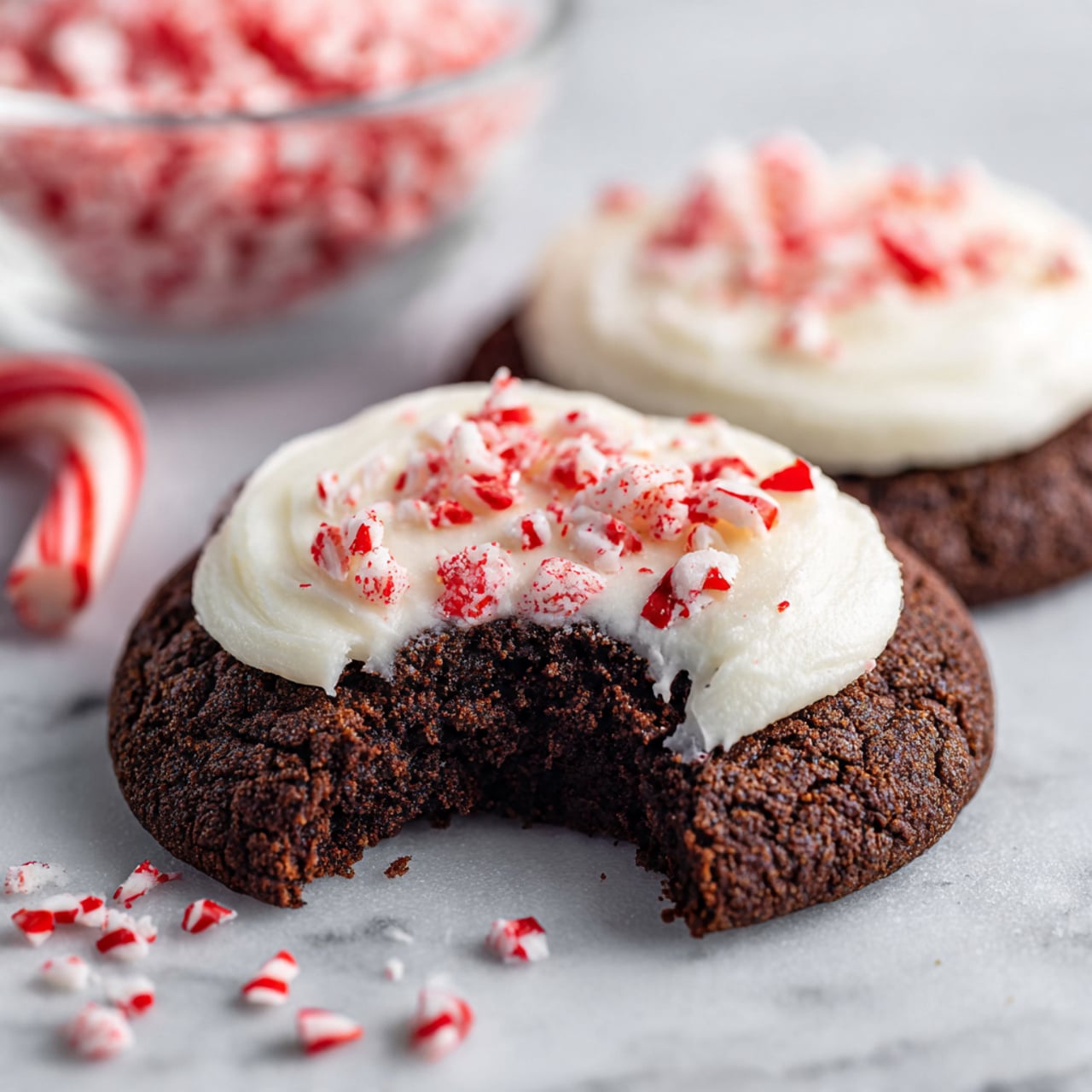 The image shows two round dark brown chocolate cookies with a thick, soft texture. Each cookie is topped with one smooth, thick layer of white frosting swirled into a circular pattern. On top of the frosting, small rough pieces of red and white crushed candy cane are sprinkled. One cookie in the front has a large bite taken out, showing the soft inside. Near the cookies on the white marbled surface, there are more crushed candy pieces and part of a red and white candy cane. In the background, there is a clear glass bowl filled with crushed candy cane pieces. Photo taken with an iphone --ar 4:5 --v 7