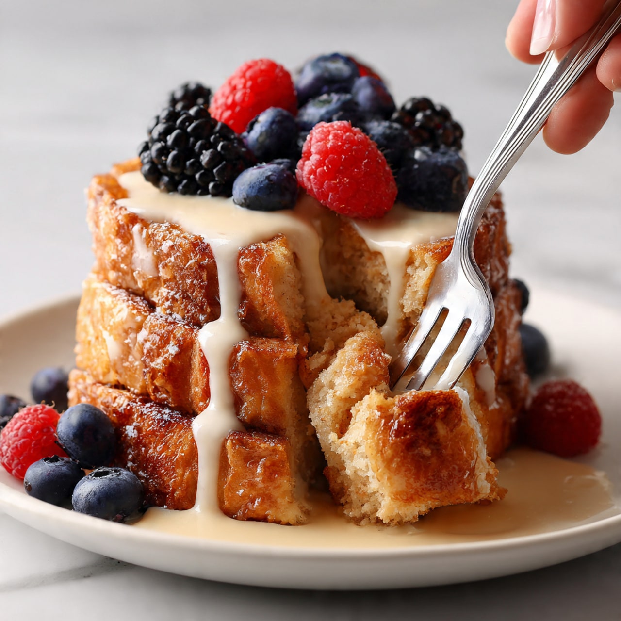 A stack of three golden brown pancakes with a toasted texture sits on a white plate, topped with a creamy, light-colored sauce that drips over the sides. On top of the sauce are fresh blackberries, blueberries, and a red raspberry, adding dark purple and bright red colors. A woman's hand holds a fork taking a bite from the side of the pancakes, revealing the soft inside texture. Extra blueberries and blackberries are scattered around the plate on top of the sauce, with a blurred white marbled surface in the background. Photo taken with an iphone --ar 4:5 --v 7