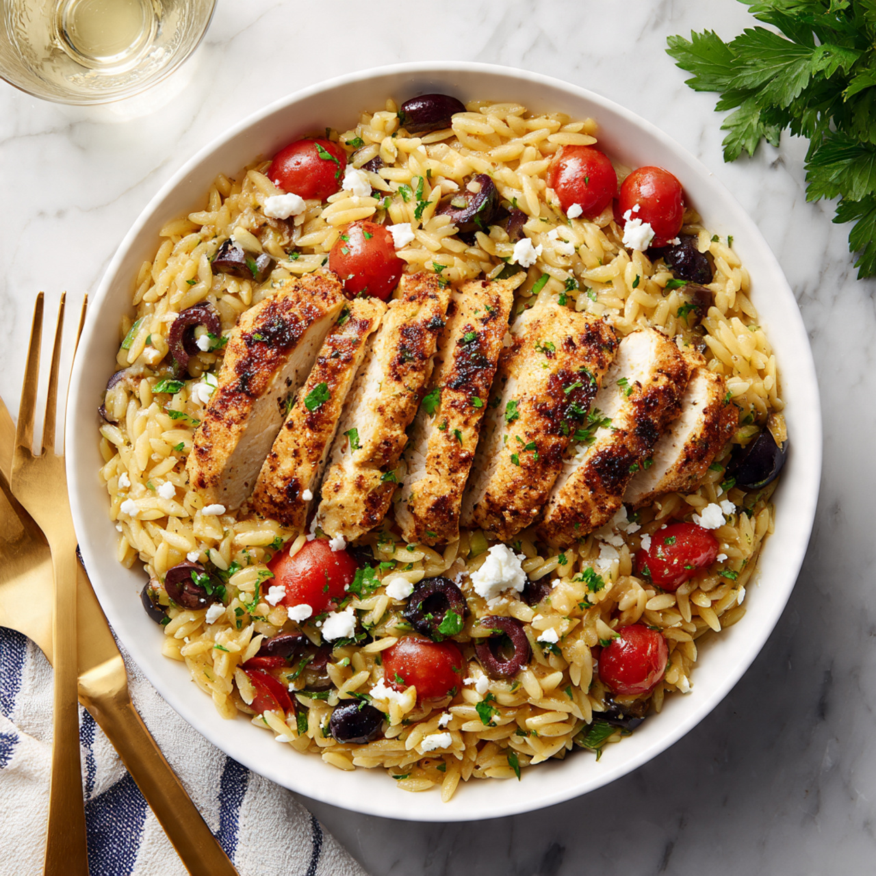 The image shows eleven small white bowls arranged on a white marbled surface, each filled with different ingredients. Starting from the top left, there is a bowl with raw pale pink chicken breasts, next to it on the right is a bowl of light brown whole wheat orzo shaped like small grains. Below the orzo is a bowl filled with white crumbly feta cheese. To the right of the feta is a bowl with bright green chopped spinach leaves. Scattered around are smaller bowls containing various ingredients: one with bright green chopped basil, another with dark green chopped parsley, a bowl with shiny deep purple Kalamata olives, a small bowl with minced pale yellow garlic, one with light golden pine nuts, and a tiny bowl with dried oregano and red pepper flakes. Near the bottom left is a bowl filled with golden yellow olive oil and a nearly empty one of clear white wine. Near the center bottom is a bowl filled with halved shiny red grape tomatoes revealing their juicy interior. photo taken with an iphone --ar 4:5 --v 7
