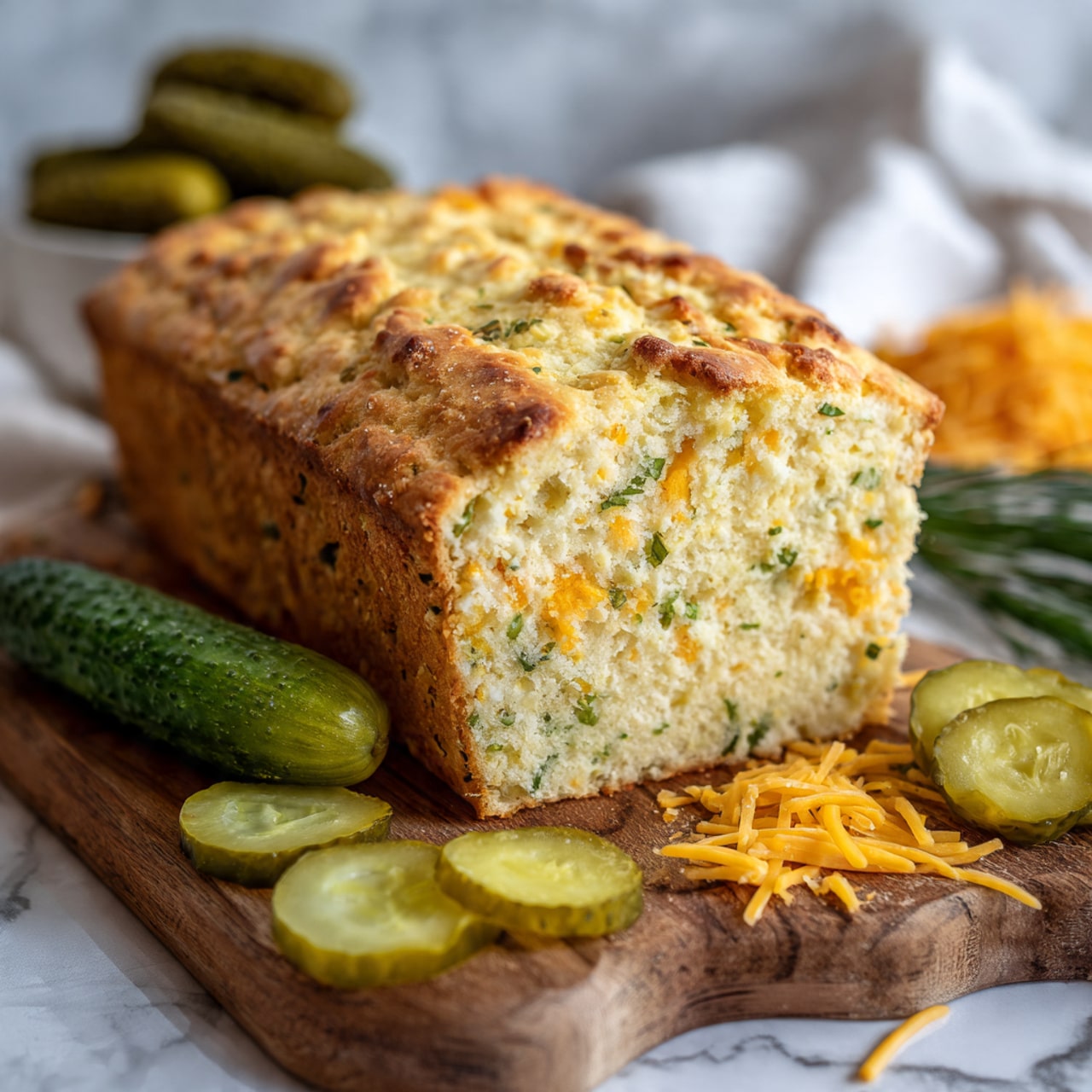 The image shows a close-up view of a rectangular loaf of savory bread resting on a wooden board. The bread has one visible side sliced, revealing a soft, moist inside filled with green bits of pickles or herbs and tiny orange-yellow specks of cheddar cheese. The top crust is golden-brown with some darker toasted spots and a slightly rough texture. Around the bread on the board, there are several pickle slices in front with a shiny green pickle standing upright on the left. Shredded thin strands of cheddar cheese are scattered on the board near the bread. The background features a soft focus view of more pickles and a white marbled surface. photo taken with an iphone --ar 4:5 --v 7