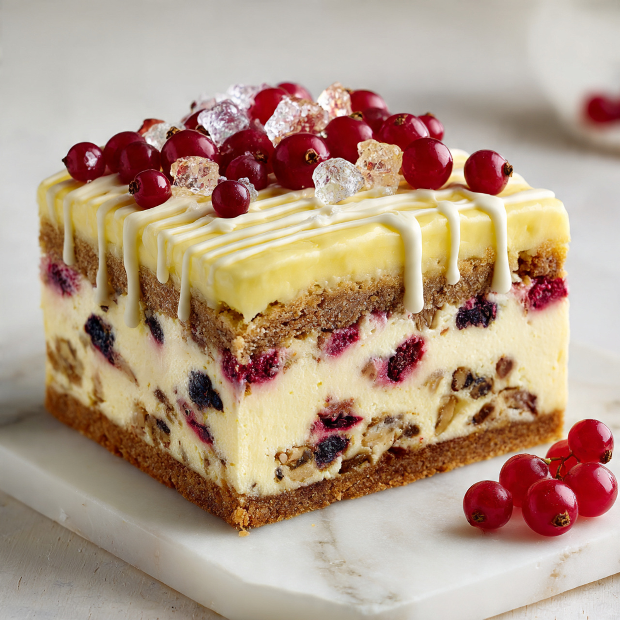 Cranberry Eggnog Cheesecake Bars Recipe 5 This image shows a sliced square cheesecake in a white baking dish on a white marbled surface. The cheesecake has three visible layers: the bottom layer is a brown, crumbly crust with small pieces of dark and red berries embedded; the middle layer is a thick, smooth creamy yellow cheesecake filling with bits of berries near the bottom; the top layer is a thin light yellow glaze drizzled with white icing in thin horizontal lines, sprinkled with small translucent candy pieces. A few red berries are scattered near the dish on the surface. Photo taken with an iphone --ar 4:5 --v 7