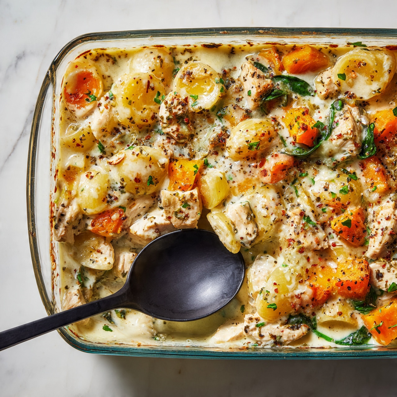 The image shows a clear glass baking dish filled with a creamy baked pasta dish. The dish has three main visible layers: white or pale yellow sauce at the bottom, a mix of tender, white chicken pieces speckled with black pepper and herbs scattered throughout, and bright orange chunks of roasted butternut squash. There are also many small green spinach leaves mixed in. The top is lightly browned with melted cheese that adds a creamy texture. A black spoon scoops out some of the pasta, chicken, squash, and spinach mix. The baking dish sits on a white marbled surface photo taken with an iphone --ar 4:5 --v 7