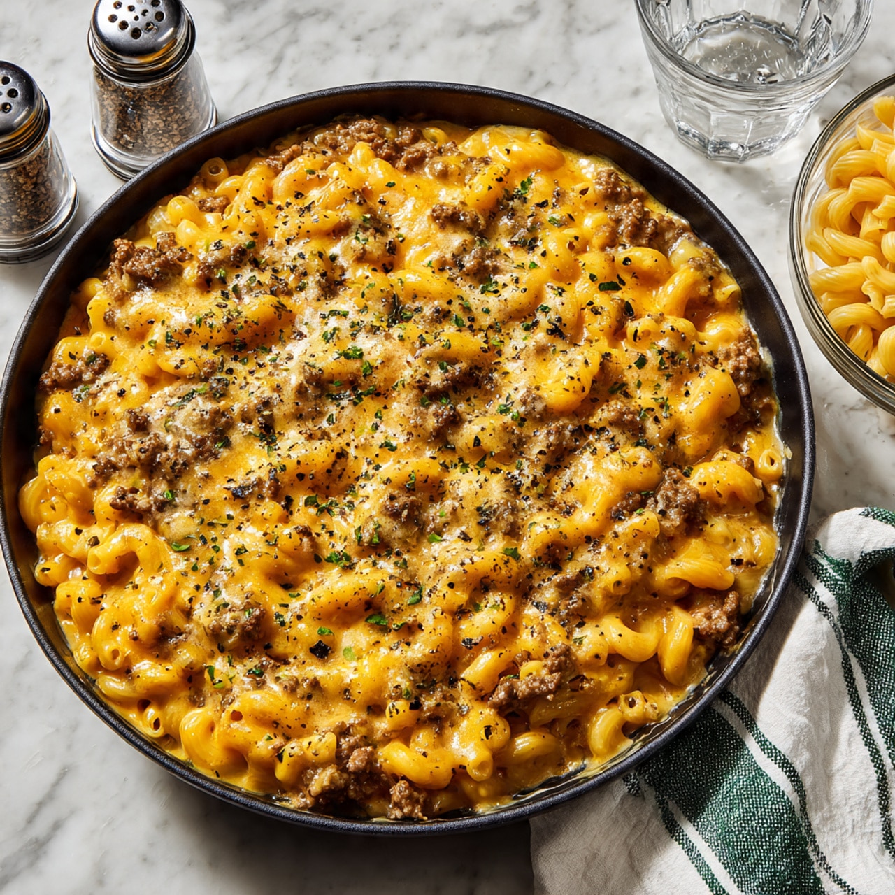 A black pan filled with creamy, orange-yellow macaroni and cheese mixed with ground meat, the pasta is densely covered with smooth melted cheese and small bits of meat throughout. The dish is sprinkled lightly with green herbs and black pepper. Around the pan, there is a clear glass bowl of uncooked elbow macaroni and two glass salt and pepper shakers on a white marbled surface. A white towel with green stripes is placed next to the pan. Photo taken with an iphone --ar 4:5 --v 7