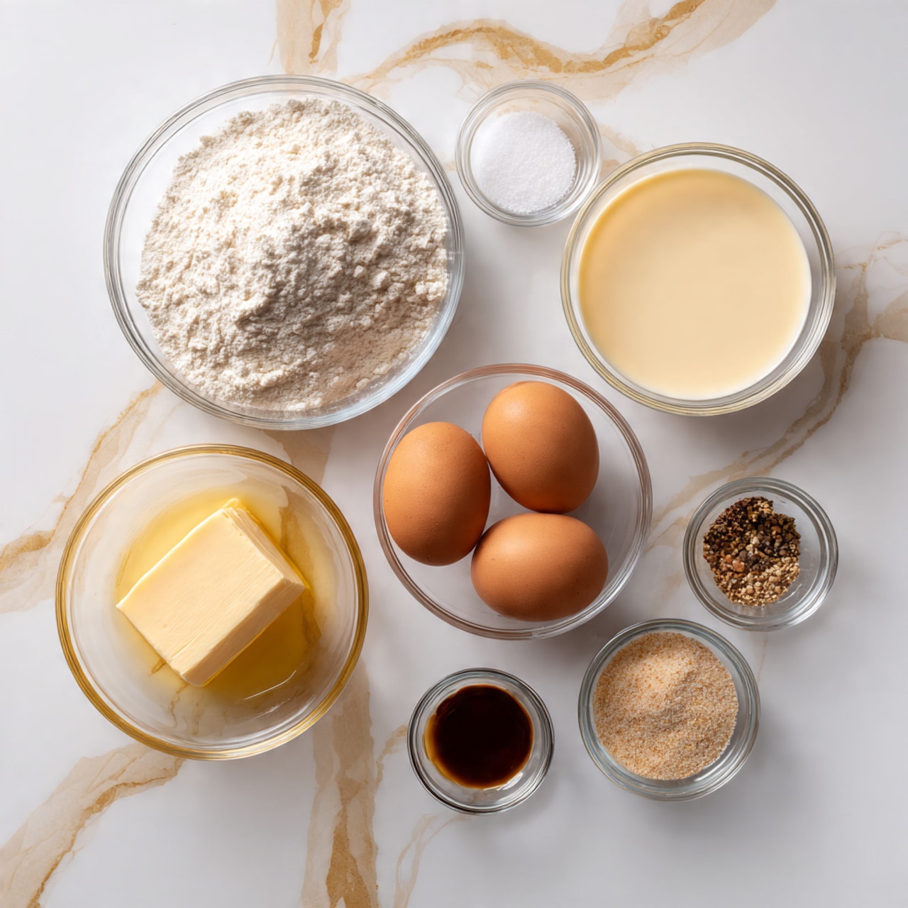 The image shows seven small clear glass bowls arranged on a white marbled surface with gold veins. The largest bowl on the top left contains white flour with a soft, powdery texture. To its right, a similarly sized bowl holds creamy, pale yellow liquid, likely milk or cream. Below the flour is a bowl with a golden-yellow slab of butter melting in a small pool of liquid. In the center, a medium bowl holds two brown eggs with smooth shells. On the bottom middle, a small bowl contains dark brown liquid resembling vanilla extract. To the right of the eggs, two tiny bowls sit side by side: one with white granulated salt and the other with mixed brown and light beige spices. Photo taken with an iphone --ar 4:5 --v 7