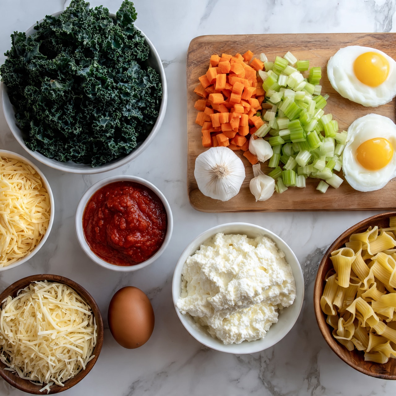 The image shows a top view of ingredients neatly arranged on a white marbled texture. At the top left is a white bowl filled with dark green leafy kale. To the right of the bowl, there are chopped white onions, light green celery, and orange carrots lined up in piles on a light wooden cutting board. Below these, there is a small stack of white garlic cloves on the cutting board's edge. Below the cutting board on the left, there are two bags of shredded cheese, one with a pale yellow color and one with a lighter, off-white color. In the center below the cutting board, there is a white bowl filled with creamy white ricotta cheese. To its right, there is a white bowl with light yellow dry tube pasta. Next to the pasta bowl, there is a small brown wooden bowl holding one brown egg. In front of these, there is a jar of red marinara sauce with a green lid, labeled