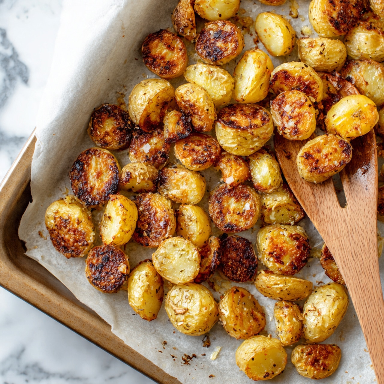 The image shows many small pieces of golden yellow roasted potatoes scattered on a light baking paper. The potatoes have some brown crispy edges and soft yellow centers. A wooden spatula is lifting some potatoes on the right side. The overall scene is on a white marbled surface. The colors are warm with a mix of light yellow and brown textures. photo taken with an iphone --ar 4:5 --v 7