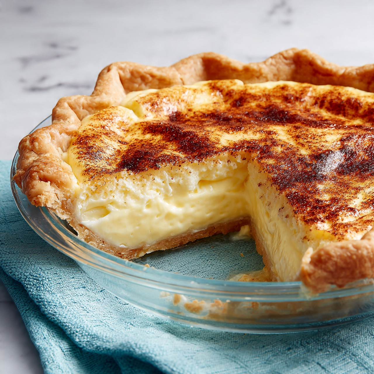 The image shows a creamy custard pie with one slice taken out. The pie has two layers: a golden brown, slightly wavy crust that lines the edge and bottom, and a smooth, pale yellow custard filling that looks soft and creamy. The top of the custard is dusted with a dark brown spice, giving it texture and contrast. The pie is in a clear glass dish, placed on a light blue cloth with a textured pattern. The background is a white marbled surface. photo taken with an iphone --ar 4:5 --v 7