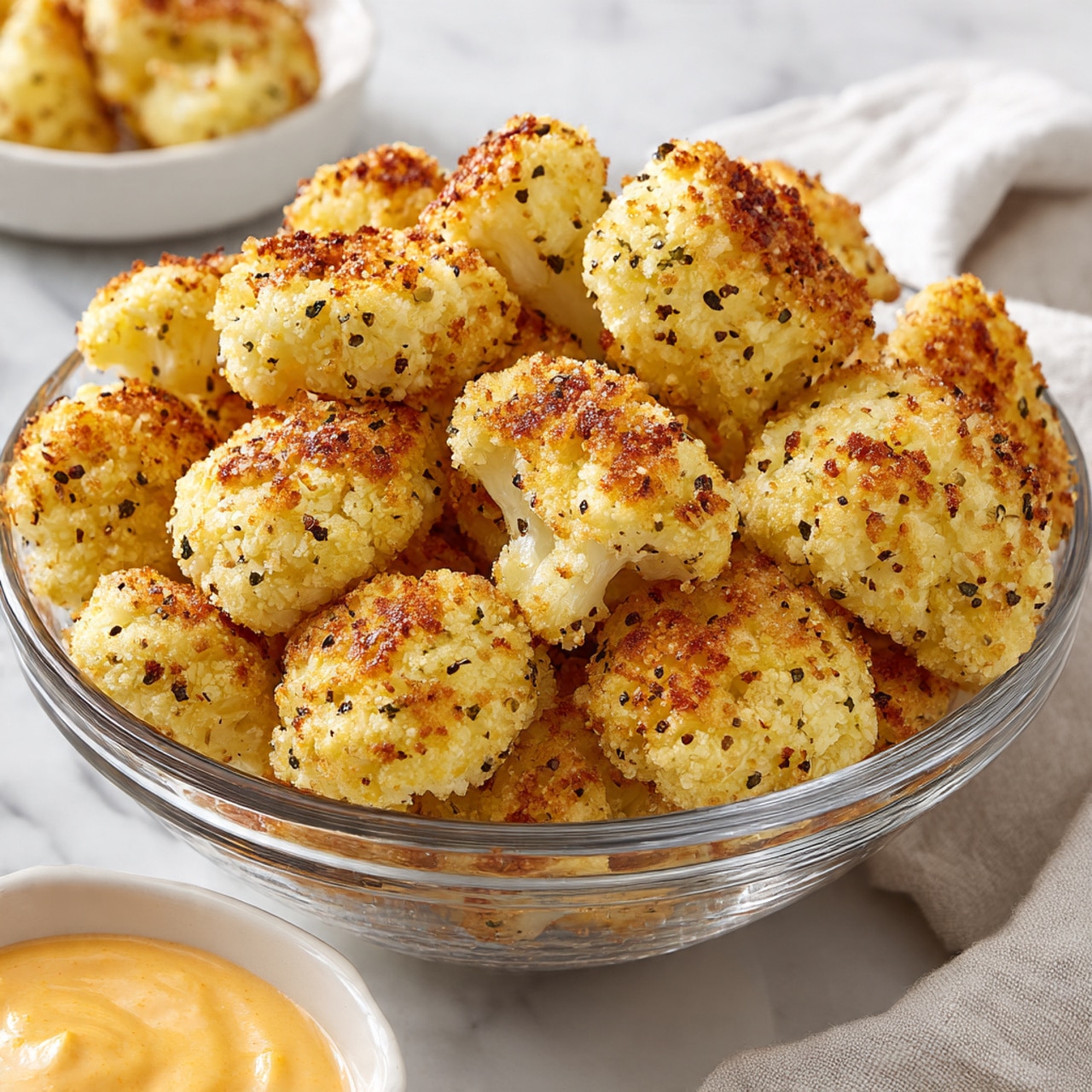 A clear glass bowl holds a pile of small, golden-brown, breaded cauliflower pieces, each speckled with black pepper and crispy texture, giving a crunchy look. The cauliflower pieces are rough and uneven in shape, layered casually in the bowl which sits on a white marbled surface. In the bottom foreground, there is a white bowl filled with a smooth orange-colored dipping sauce, showing a creamy texture with a bright tone. The setting is bright with soft natural light reflecting off the white marbled surface around the bowls. photo taken with an iphone --ar 4:5 --v 7
