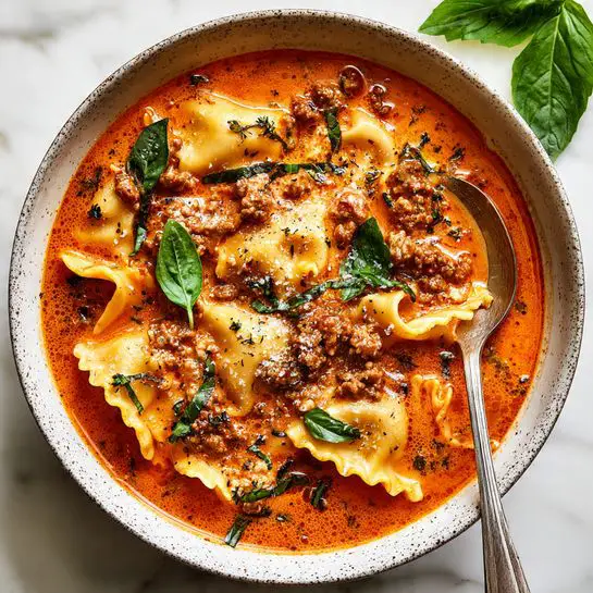 Easy Creamy Lasagna Soup Recipe 5 The image shows a bowl filled with layered lasagna soup that has a rich, creamy red-orange tomato sauce with visible chunks of ground meat and finely chopped vegetables in it. The soup contains several flat, wide layers of lasagna noodles submerged inside, some of which are partly visible on top with a soft, slightly wavy texture and golden edges. Scattered fresh green basil ribbons are sprinkled over the top adding brightness. The bowl is off-white with speckled dark spots along the rim. A silver spoon rests inside the bowl, slightly buried in the thick soup. The background is a white marbled texture with a small hint of spinach leaves and a bit of parmesan cheese faintly visible as extras around the bowl. photo taken with an iphone --ar 4:5 --v 7