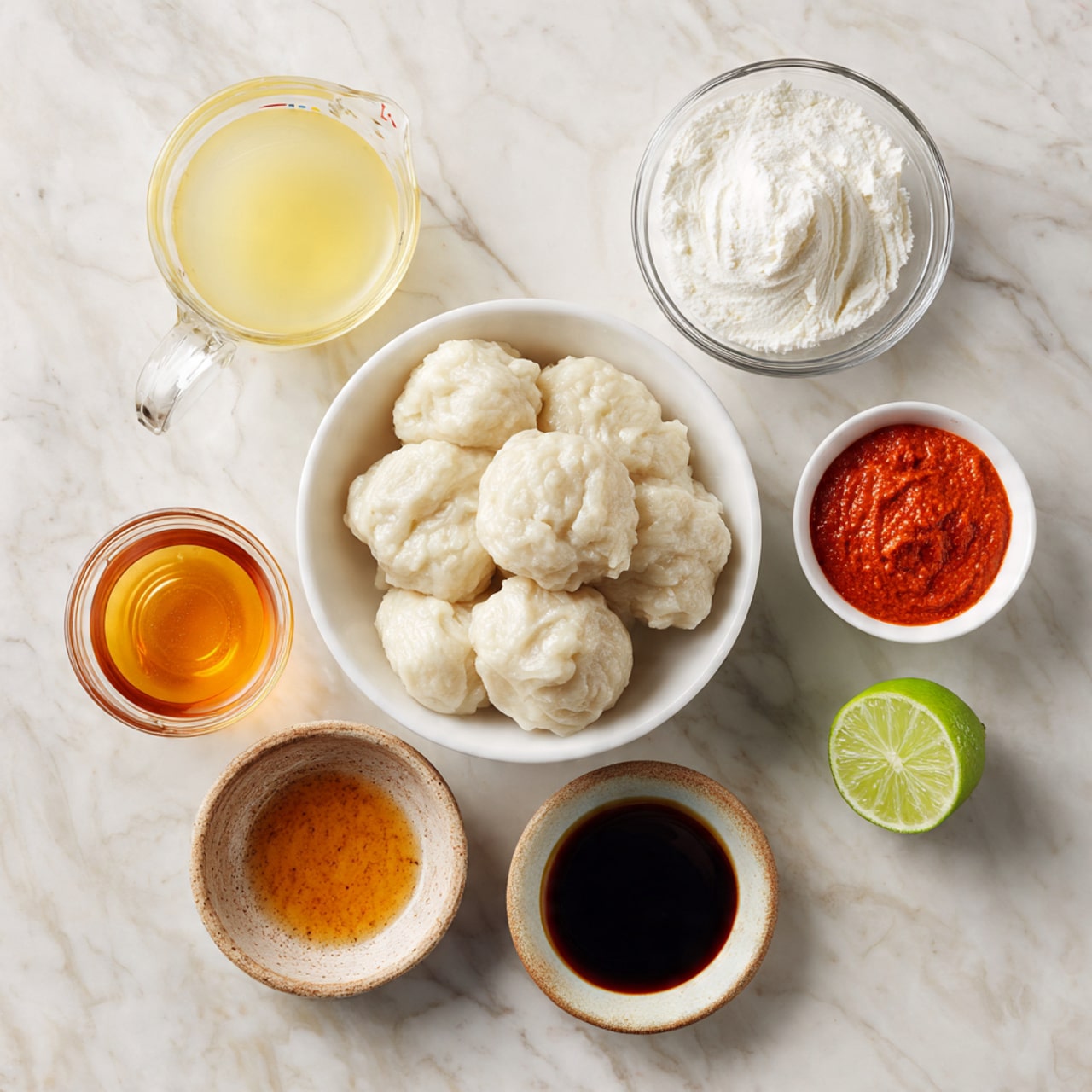 The image shows several ingredients placed on a white marbled surface. In the center is a white bowl filled with pale beige dumplings that have a soft, slightly wrinkled texture. Above it, to the left, is a clear measuring cup holding a light yellow broth. To the right, a small white bowl contains thick, textured white coconut milk. Above the coconut milk, a small clear bowl has a bright red curry paste. To the right of the dumplings, a half lime shows its light green inside. Below the lime, two small rustic bowls sit side by side; the left one has amber-colored honey, and the right one is filled with dark brown soy sauce. All items are neatly arranged with clear labels. Photo taken with an iphone --ar 4:5 --v 7