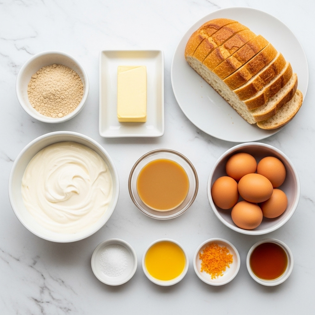 The image shows ingredients for baking arranged neatly on a white marbled surface. At the top right, there is a white plate holding a loaf of sliced bread with a golden brown crust and soft white inside. To the left, a white bowl filled with a light brown powdery ingredient sits next to a white dish with a rectangular block of pale yellow butter. Below these, there is a larger white bowl filled with cream that is smooth and off-white. A small glass bowl contains light brown liquid, placed next to a white bowl filled with five brown eggs. Around the eggs, there are three small white dishes holding salt, bright yellow melted butter, and orange zest. Another small white dish contains a dark amber liquid. All items are arranged clearly and spaced out on the white marbled surface photo taken with an iphone --ar 4:5 --v 7