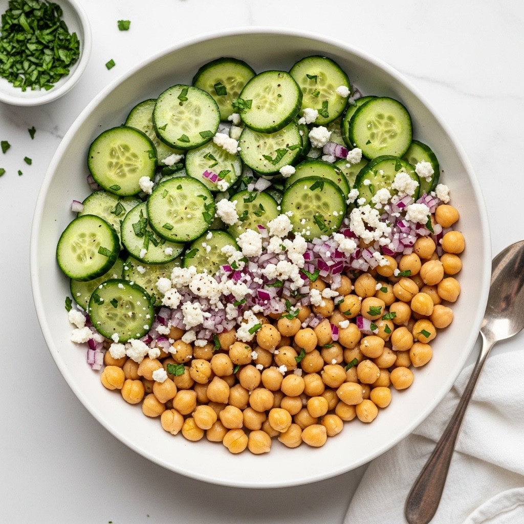 A white bowl filled with a three-layer salad starting with light brown chickpeas as the base, topped with bright green cucumber slices cut into halves and quarters, mixed with small bits of red onion, and sprinkled with white crumbled cheese and green herbs, all evenly distributed throughout. The bowl sits on a white marbled surface, with a small white bowl of chopped green herbs in the top left corner and a silver spoon next to a white cloth in the bottom right corner. Photo taken with an iphone --ar 4:5 --v 7