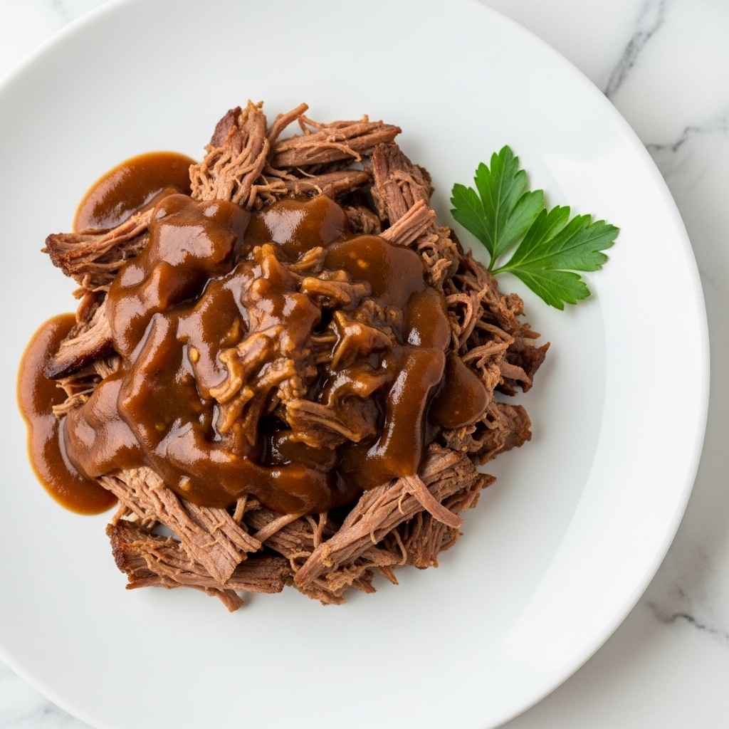 A white plate holds a single layer of shredded dark brown cooked meat, spread out evenly. A jug pours a thick, smooth, dark brown gravy over the center of the meat, creating a shiny, glossy surface where the gravy lands. The background is a white marbled texture. photo taken with an iphone --ar 4:5 --v 7