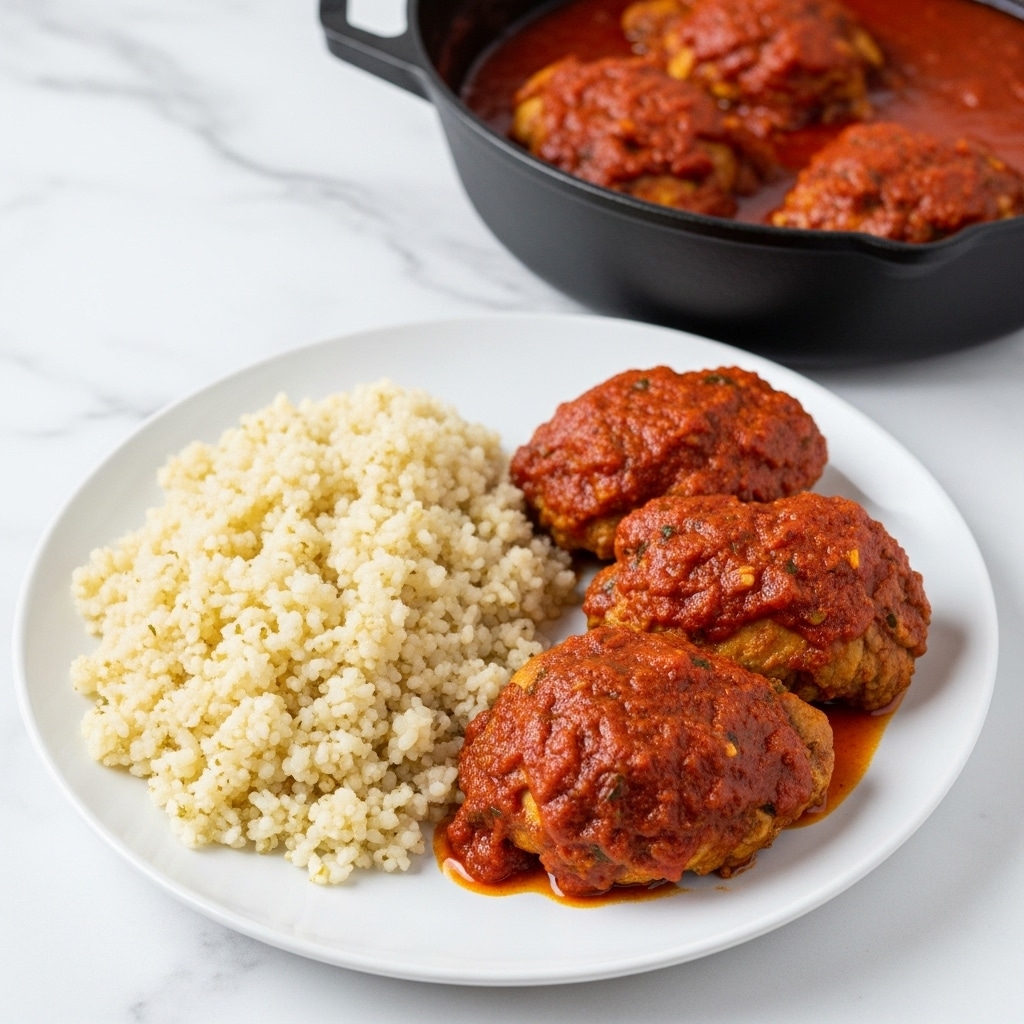 The image shows a white plate with two main parts: on the left side is a mound of fluffy, white cauliflower rice with a slightly grainy texture, and on the right side are three pieces of chicken covered in a thick, red tomato-based sauce that looks rich and slightly oily, with visible bits of herbs and spices. The sauce coats the chicken evenly, giving it a shiny, moist appearance. In the background, there is a black cast iron pan filled with more of the red sauce and chicken. The surface beneath the plate and pan is a white marbled texture. Photo taken with an iphone --ar 4:5 --v 7