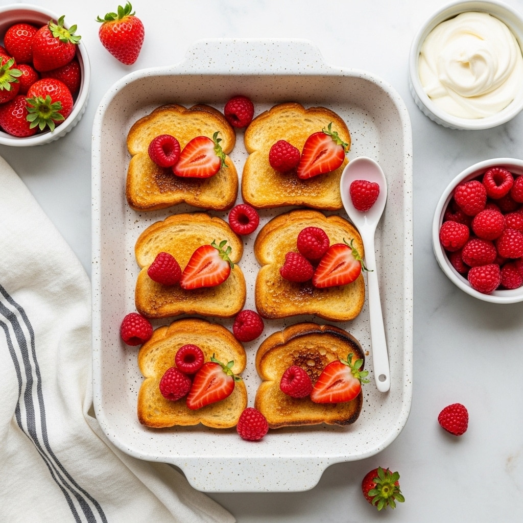 On a white plate set on a white marbled surface, there is a slice of golden brown toasted bread as the base layer. On top of the toast is a thick scoop of smooth, white cream. Surrounding and partly on the cream are fresh red raspberries and one red strawberry, adding pops of bright color. The toast sits in a pool of light brown syrup that spreads out on the plate, giving a shiny look. In the foreground, a white fork with a woman's hand holding it is picking up a piece of the toast with a raspberry on it. A blurred white plate with an orange slice is seen in the background. photo taken with an iphone --ar 4:5 --v 7