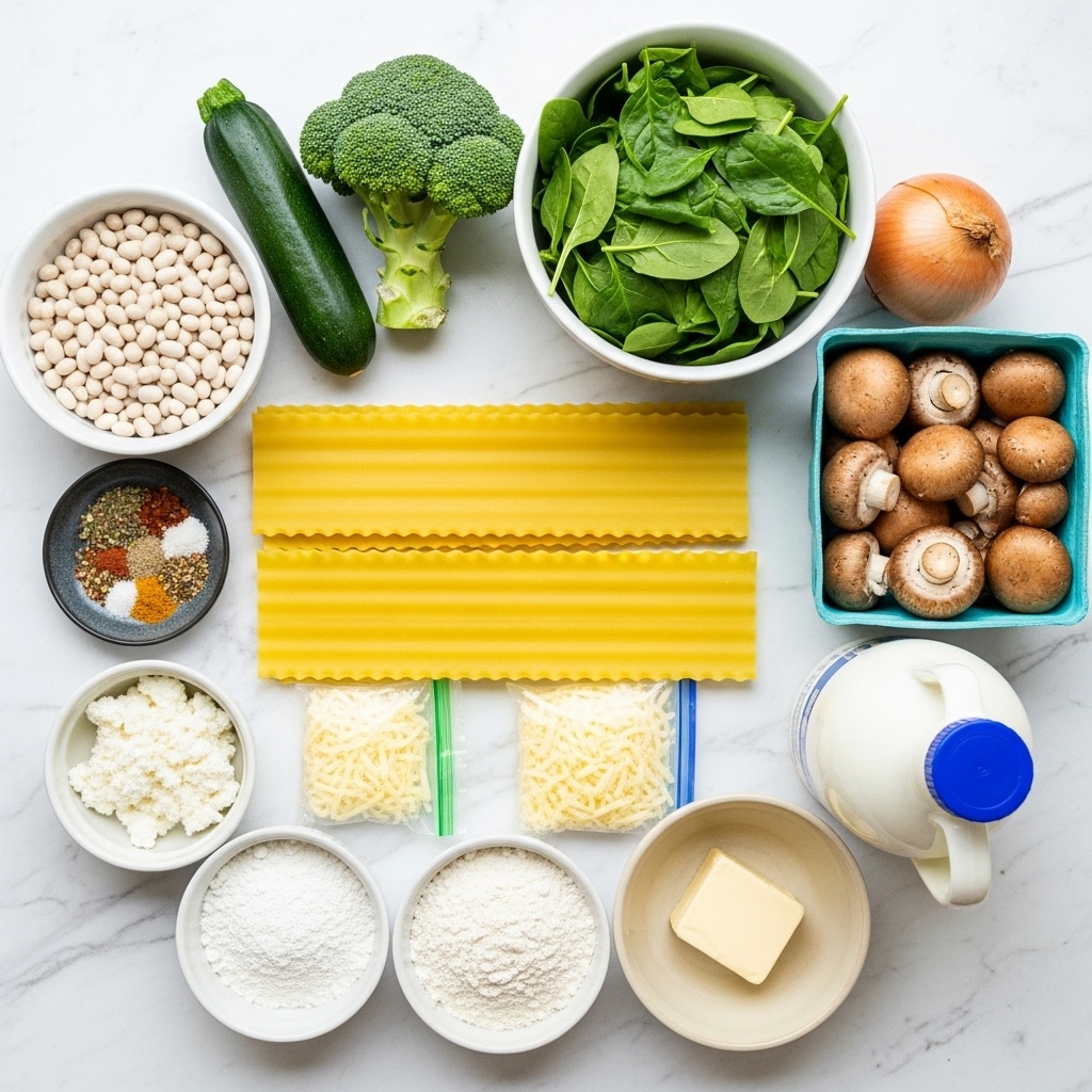 The image shows various fresh cooking ingredients arranged on a white marbled surface. At the center lies two long yellow lasagna sheets with wavy edges. Above it, a white bowl filled with small white beans sits next to a fresh green zucchini and a broccoli head. To the right, a white bowl is full of fresh bright green spinach leaves, and next to it an onion rests beside a blue container filled with whole brown mushrooms. Below the lasagna sheets are small containers of white ricotta cheese, shredded cheese in clear plastic bags, white flour in a small white bowl, and a light brown bowl with a block of butter. A white and blue jug contains milk on the lower right, and a small dark dish holds mixed dry herbs and spices on the left. The image has good lighting and a clean, fresh look, photo taken with an iphone --ar 4:5 --v 7