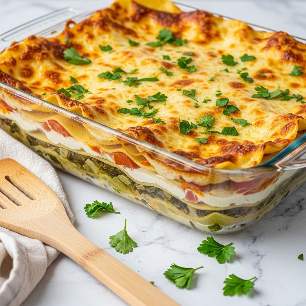 The dish is a creamy layered casserole served on a white plate on a white marbled surface, showing around four layers. The bottom layer contains chopped green vegetables and small pieces of white beans or chunks with a soft texture. Above it is a thick layer of smooth white sauce mixed with more greens. The next layer is covered with a melted cheese topping that is lightly browned and bubbly, giving a golden color with some patches of green herbs sprinkled on top. A fork with a golden handle rests on the plate next to the casserole piece, with a few scattered green herb leaves around it. In the background, a clear glass baking dish filled with the same casserole sits on the same white marbled surface. Photo taken with an iphone --ar 4:5 --v 7
