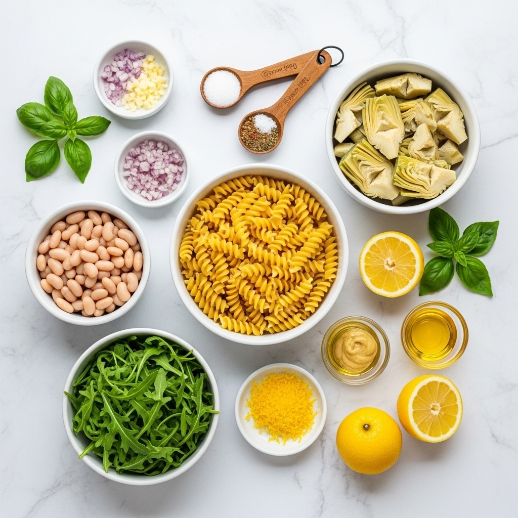 The image shows a flat lay of various cooking ingredients on a white marbled texture. There is a white bowl filled with raw fusilli pasta, placed near the center. To the left, a white bowl contains white beans, and below the beans, a white bowl is filled with fresh green arugula leaves. To the right of the pasta bowl, a white bowl holds chopped artichoke hearts. Surrounding these main bowls are smaller white dishes with finely chopped shallots, grated cheese, lemon zest, whole lemon halves, a small glass container of oil, a dollop of mustard, and a small bowl of light brown liquid. Additionally, there are two wooden measuring spoons with salts and spices above the artichokes. Fresh green basil leaves are scattered around the ingredients. The photo taken with an iphone --ar 4:5 --v 7